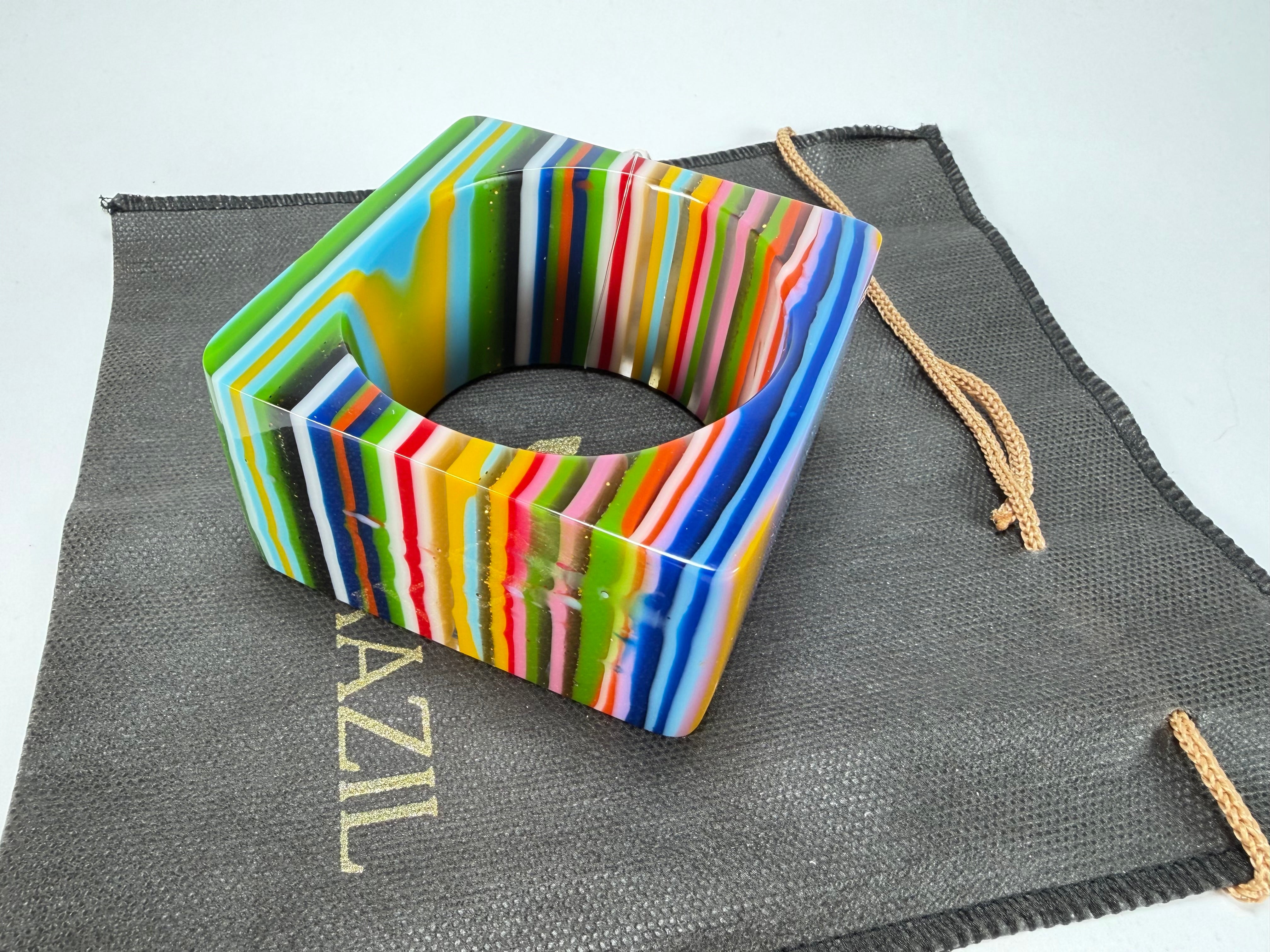 Jackie Brazil "Mix Colours" Liquorice Allsorts Striped 5cm Square Resin Bangle ( B2057 )