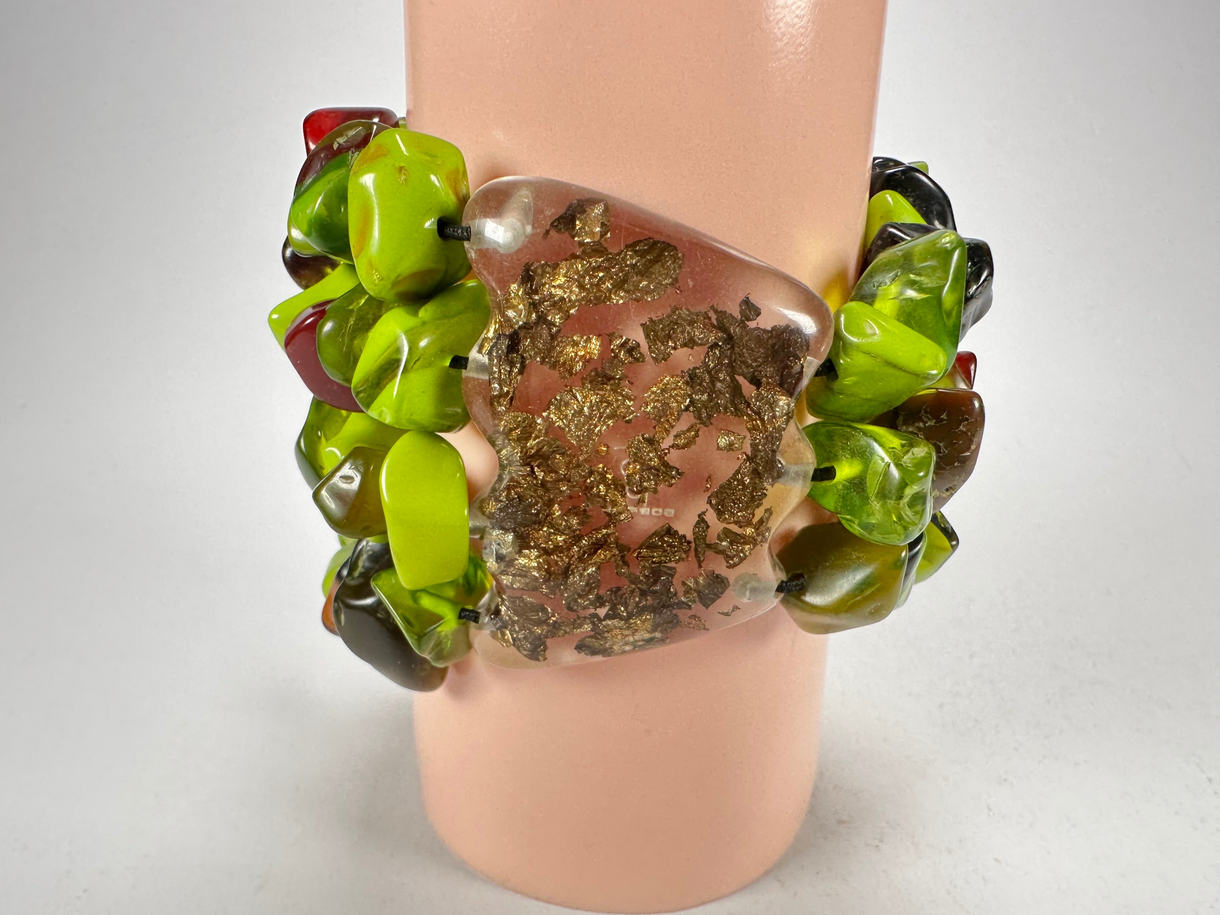 Jackie Brazil "Orient Express" 3 & 4 Beaded Strands with Leaf Pendant Green Mix Resin Bracelet ( B3544 )