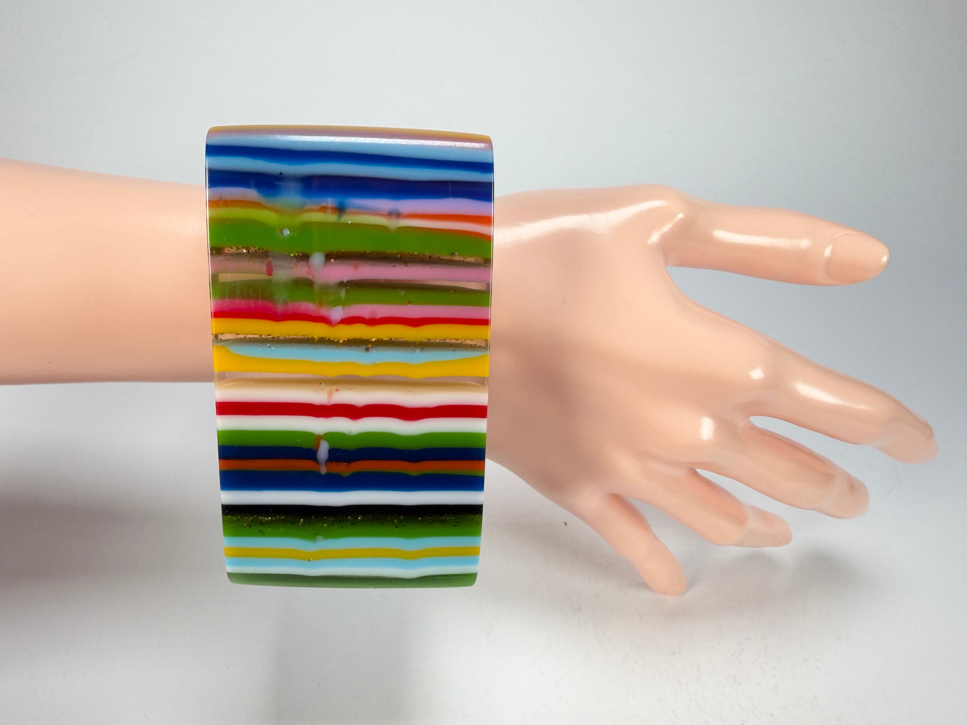 Jackie Brazil "Mix Colours" Liquorice Allsorts Striped 5cm Square Resin Bangle ( B2057 )