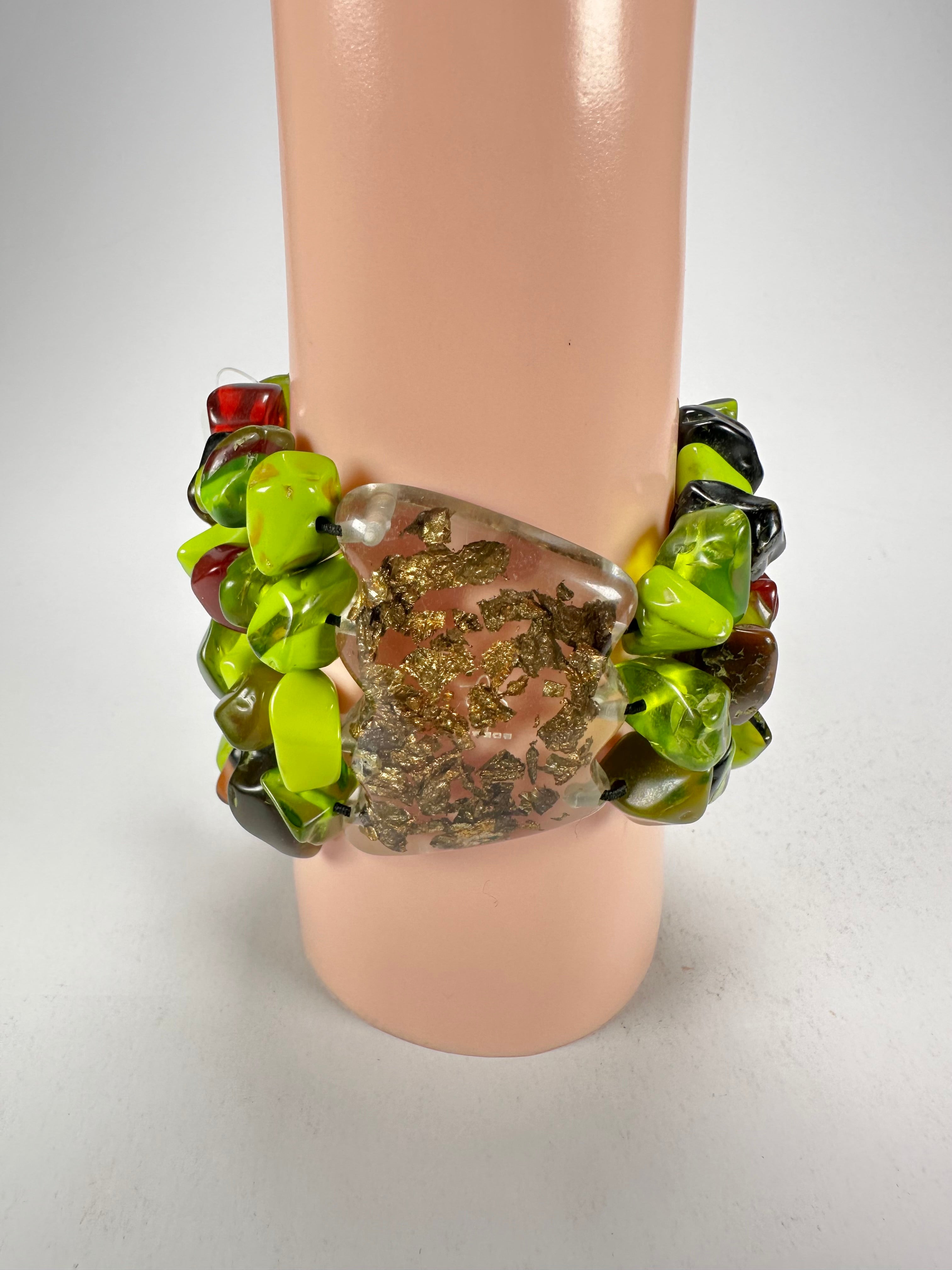 Jackie Brazil "Orient Express" 3 & 4 Beaded Strands with Leaf Pendant Green Mix Resin Bracelet ( B3544 )