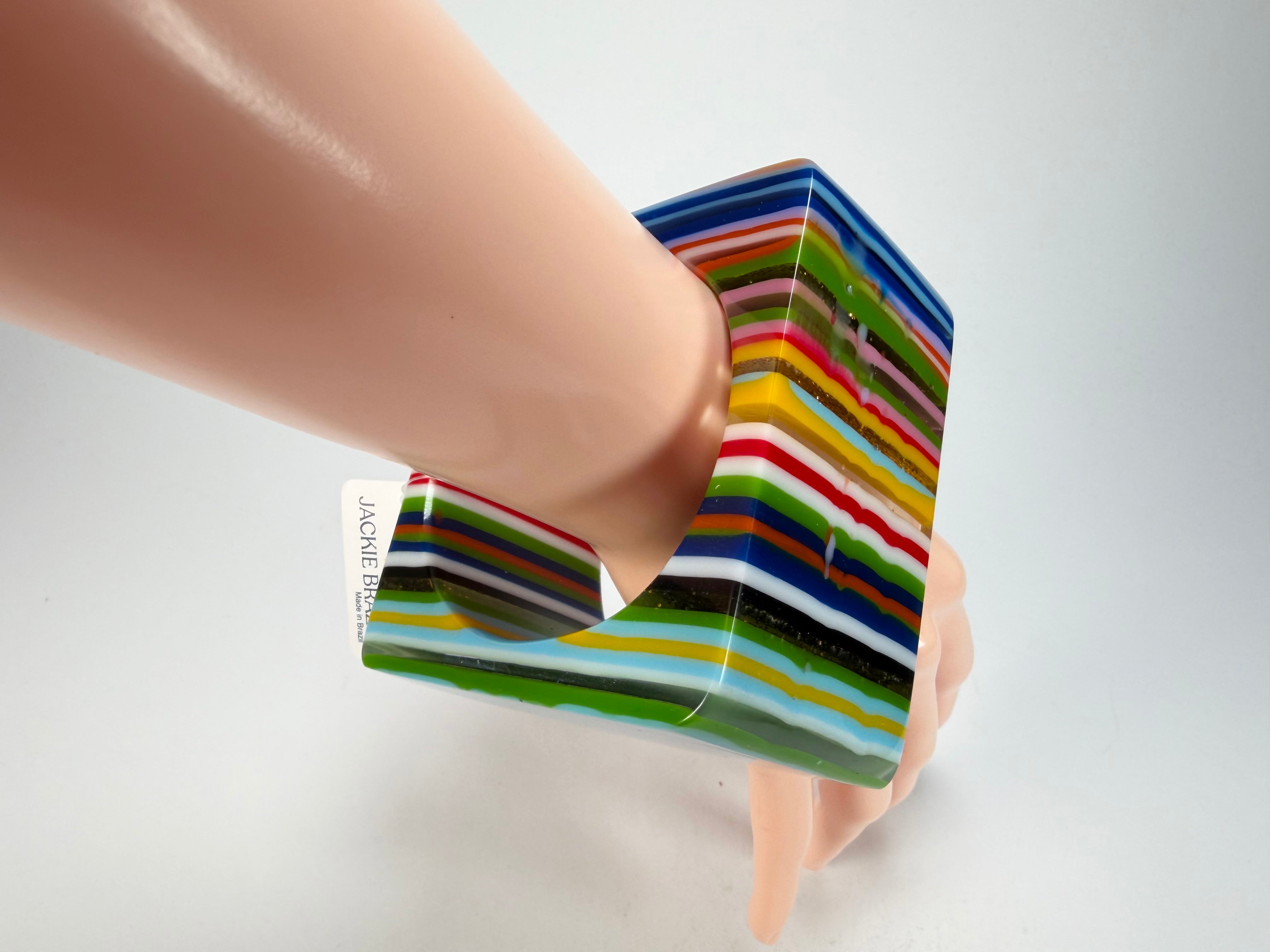 Jackie Brazil "Mix Colours" Liquorice Allsorts Striped 5cm Square Resin Bangle ( B2057 )