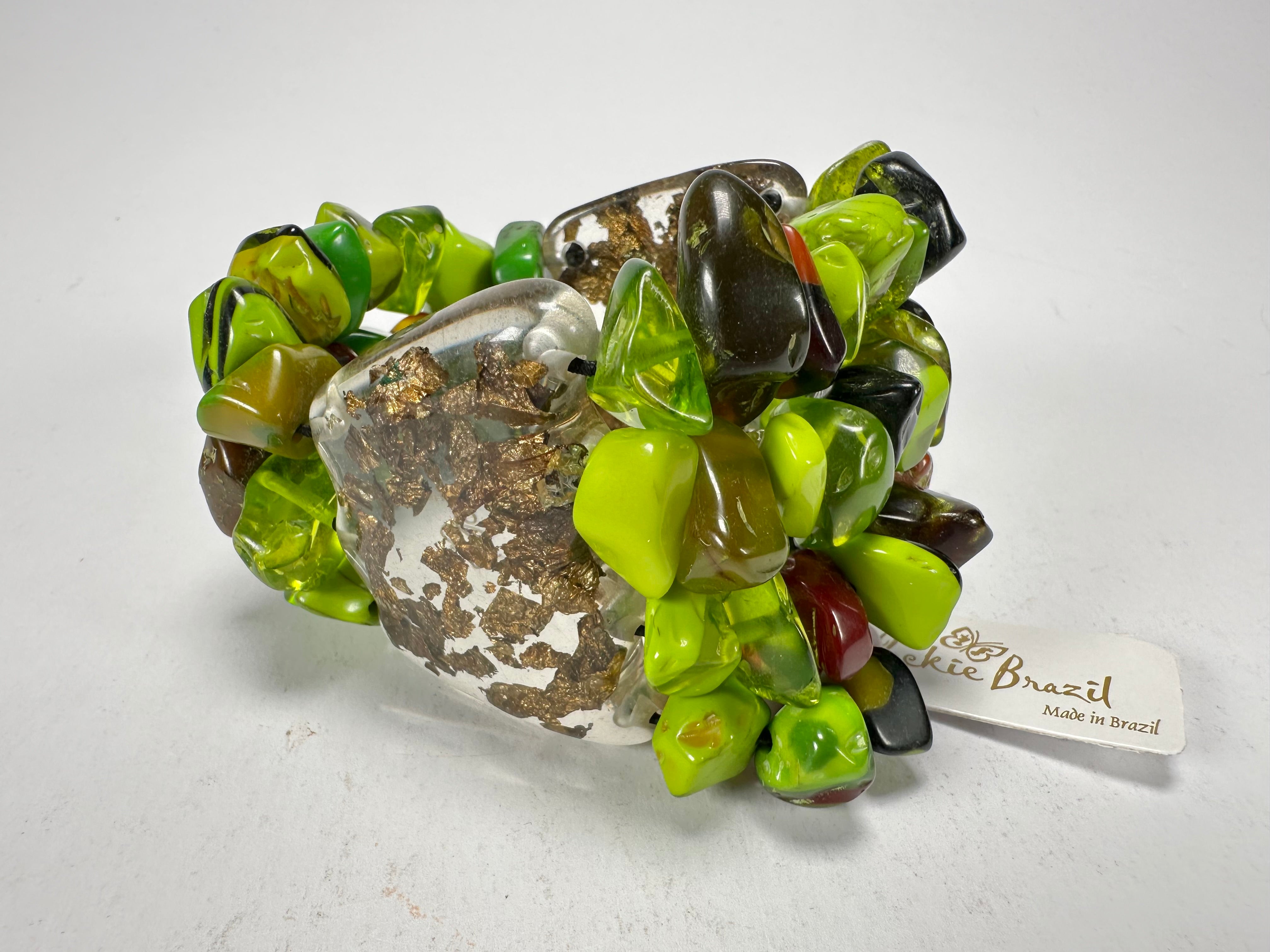 Jackie Brazil "Orient Express" 3 & 4 Beaded Strands with Leaf Pendant Green Mix Resin Bracelet ( B3544 )