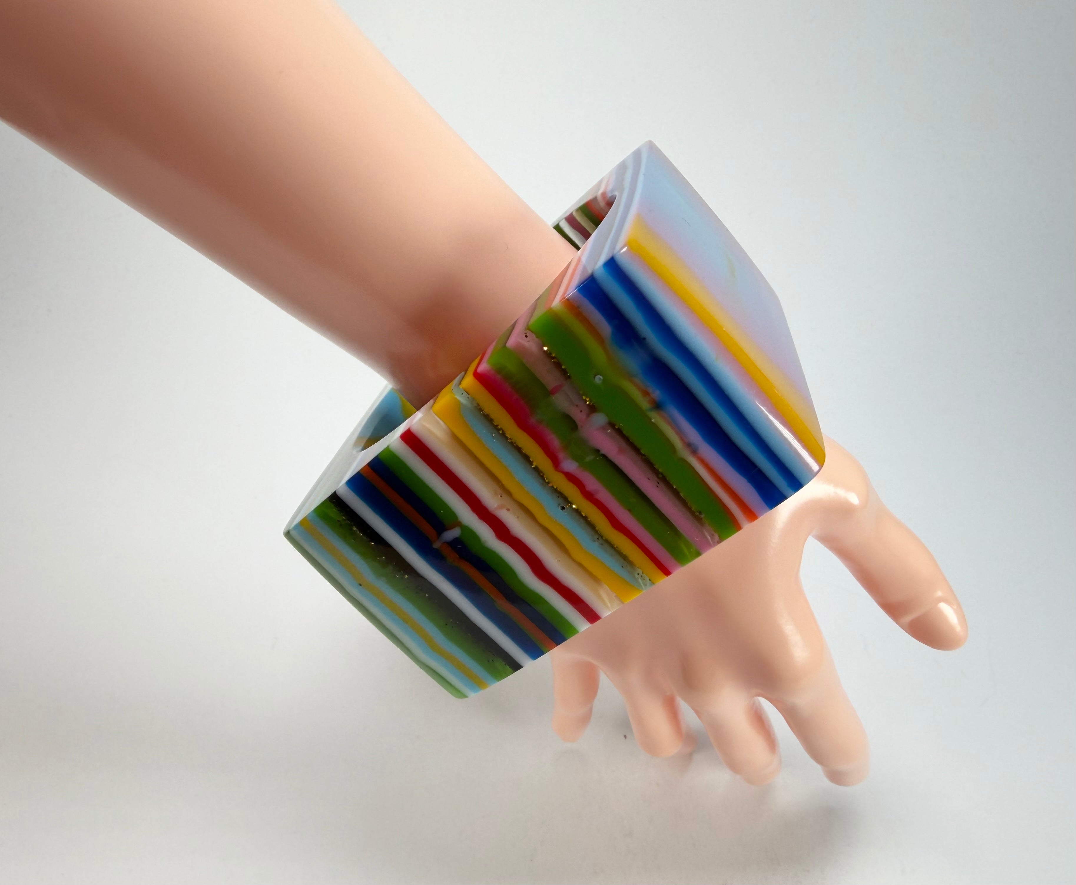 Jackie Brazil "Mix Colours" Liquorice Allsorts Striped 5cm Square Resin Bangle ( B2057 )