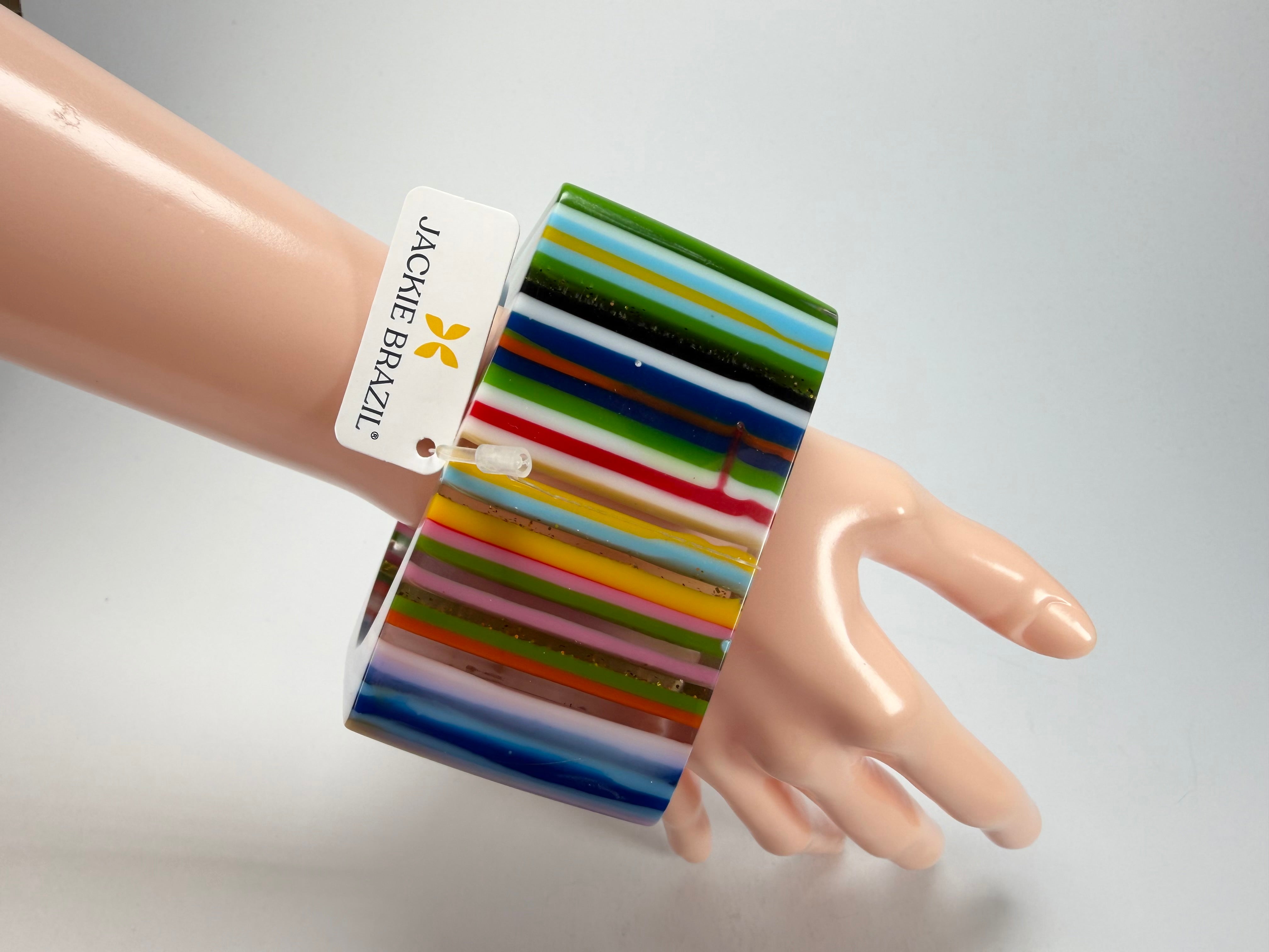 Jackie Brazil "Mix Colours" Liquorice Allsorts Striped 5cm Square Resin Bangle ( B2057 )