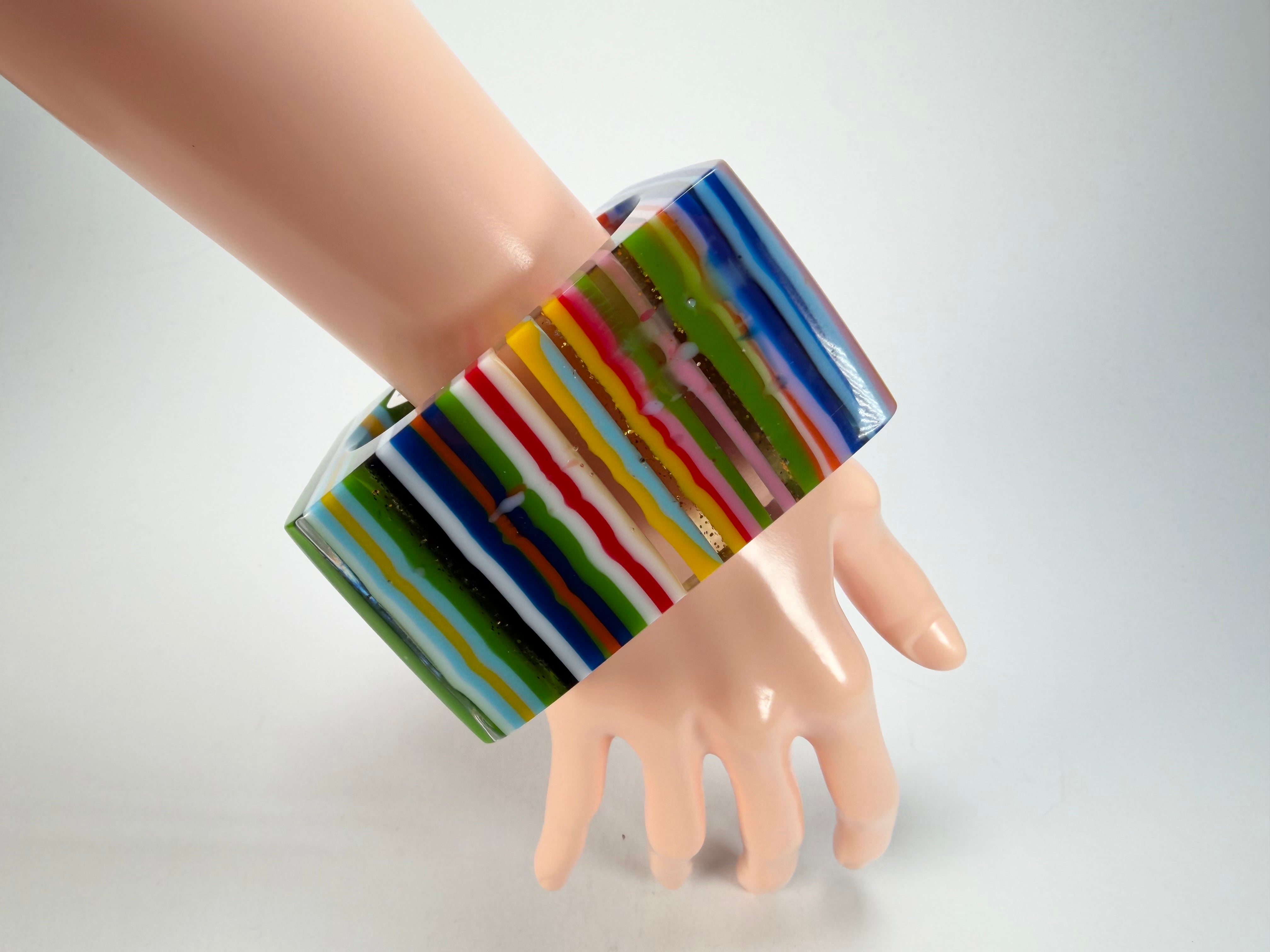 Jackie Brazil "Mix Colours" Liquorice Allsorts Striped 5cm Square Resin Bangle ( B2057 )