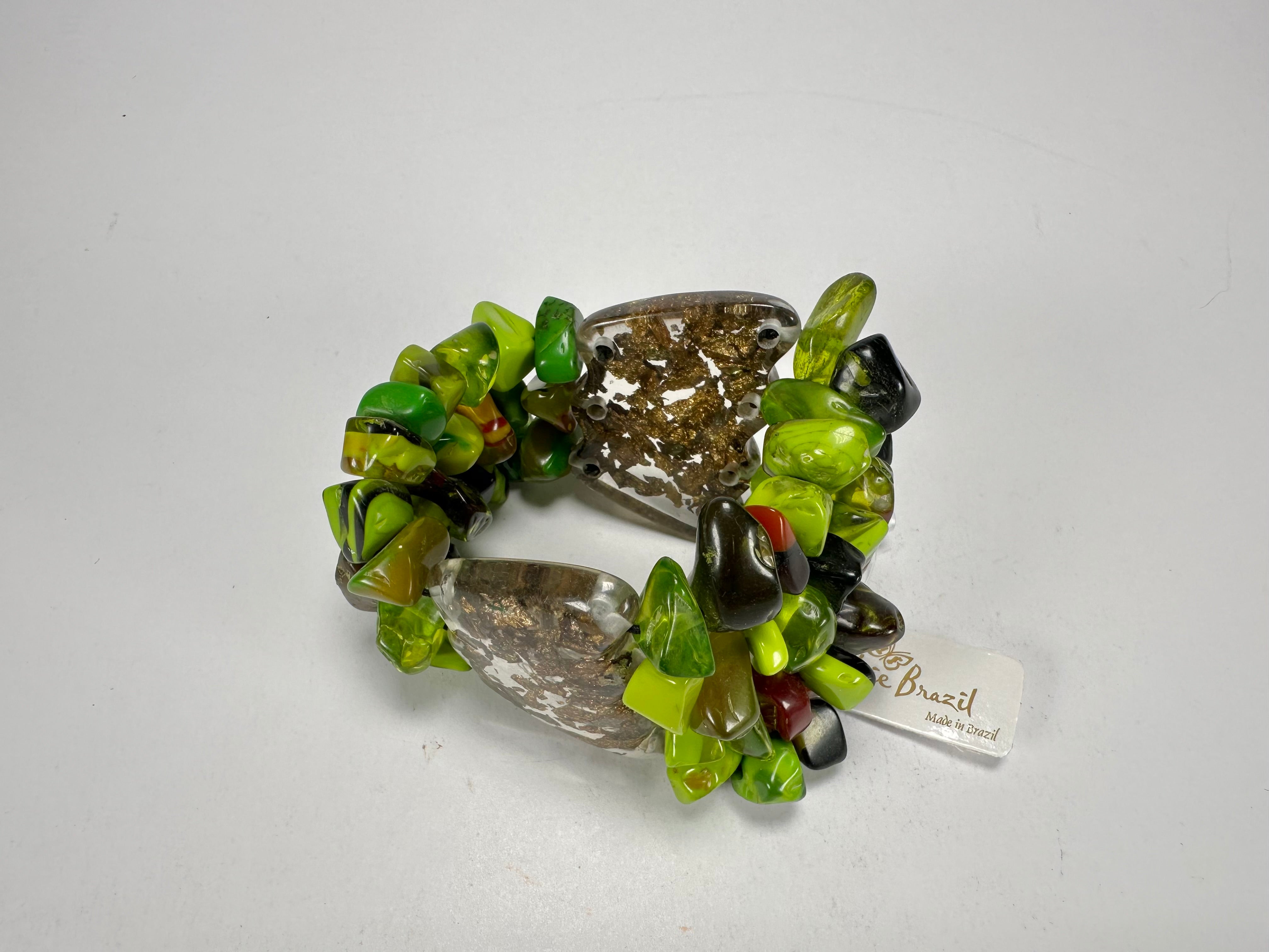 Jackie Brazil "Orient Express" 3 & 4 Beaded Strands with Leaf Pendant Green Mix Resin Bracelet ( B3544 )