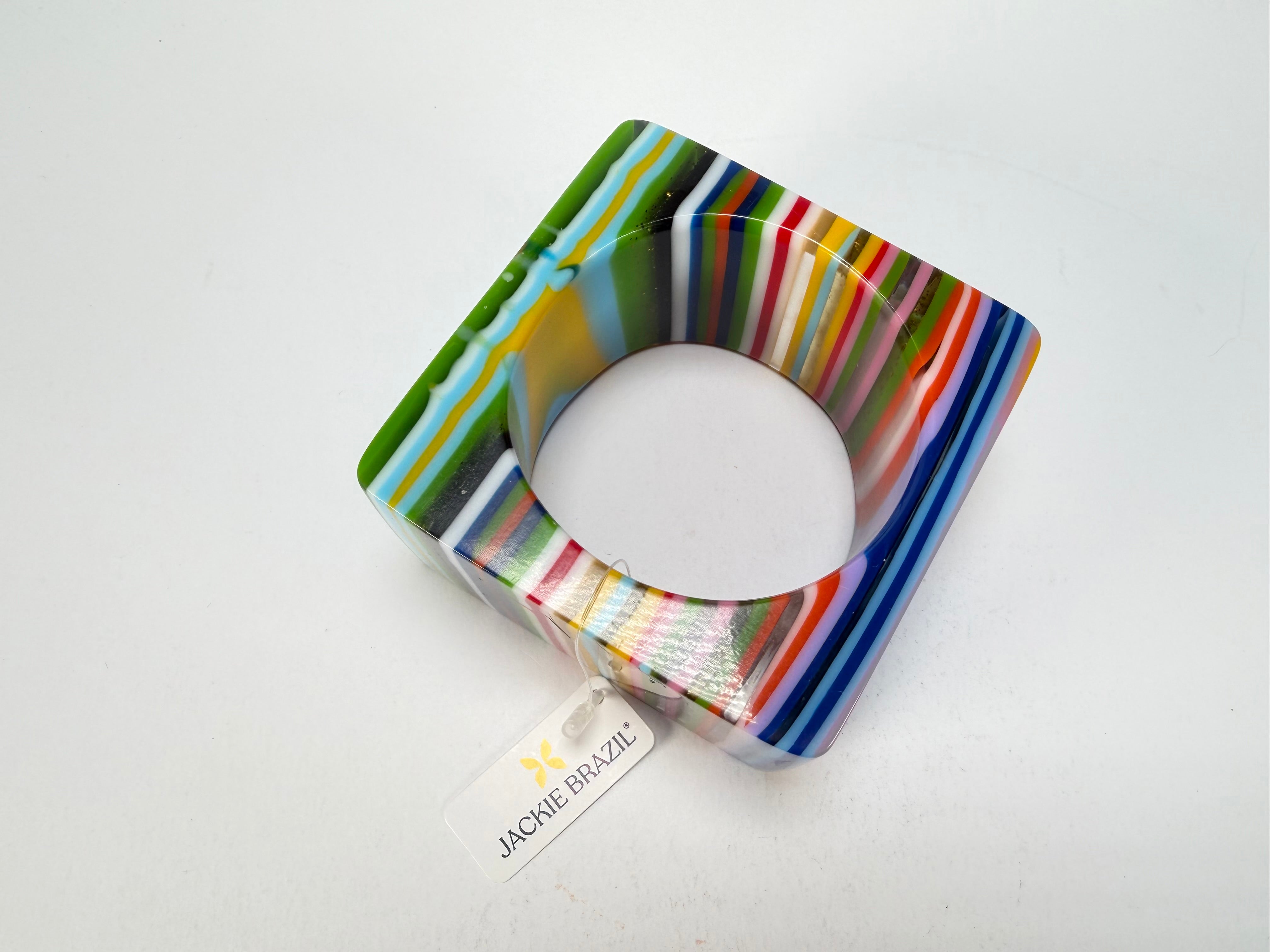 Jackie Brazil "Mix Colours" Liquorice Allsorts Striped 5cm Square Resin Bangle ( B2057 )