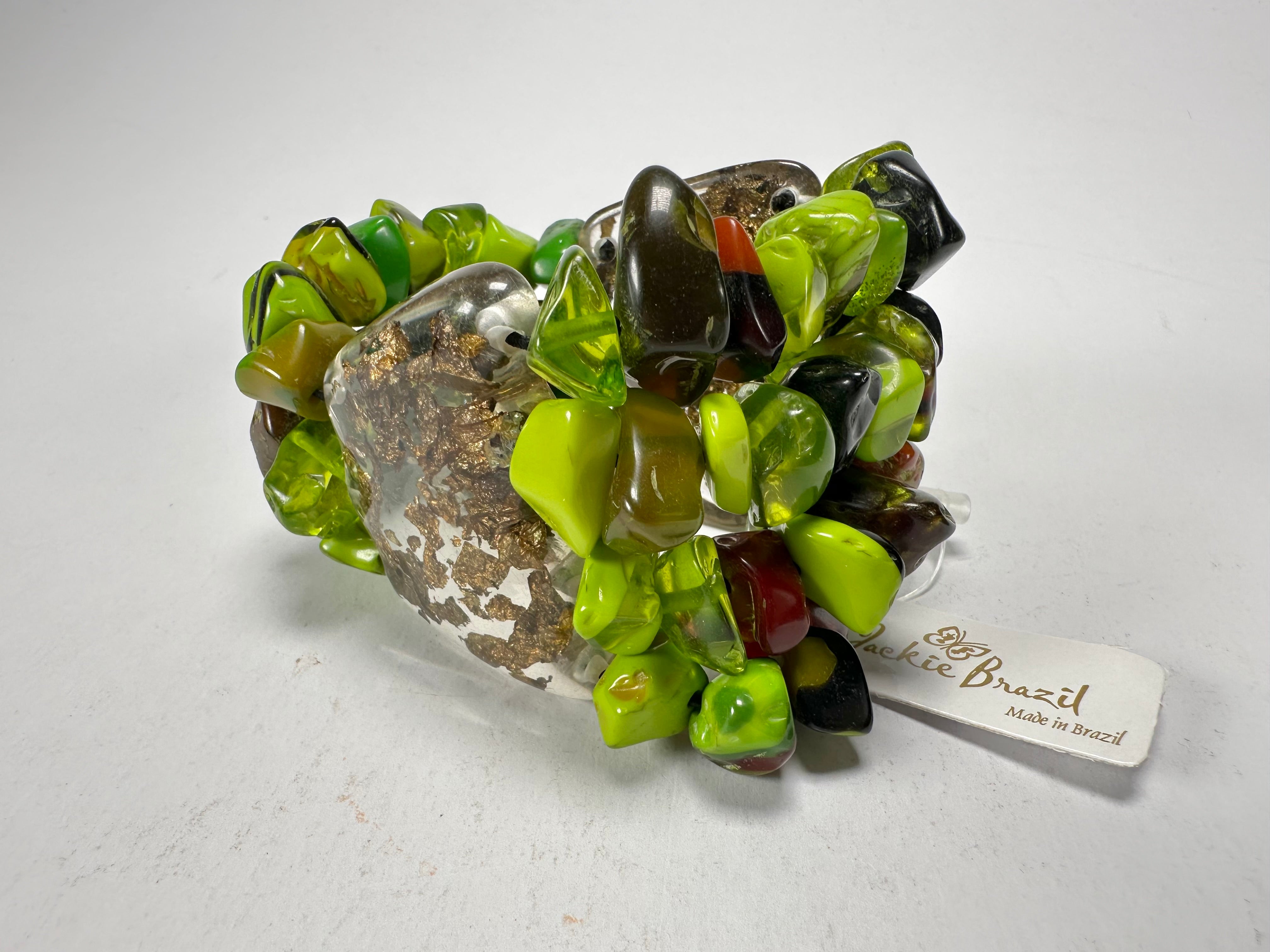 Jackie Brazil "Orient Express" 3 & 4 Beaded Strands with Leaf Pendant Green Mix Resin Bracelet ( B3544 )
