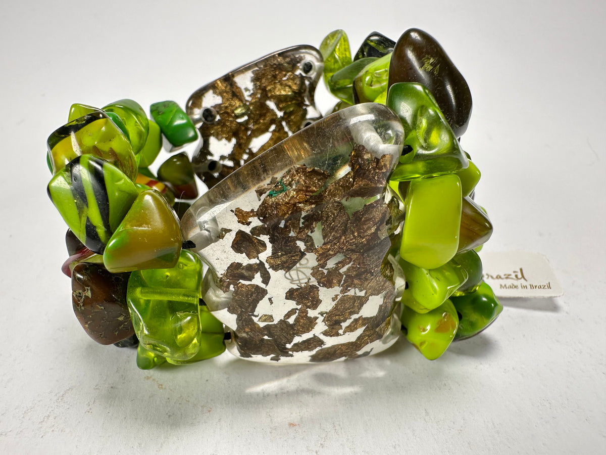 Jackie Brazil "Orient Express" 3 & 4 Beaded Strands with Leaf Pendant Green Mix Resin Bracelet ( B3544 )