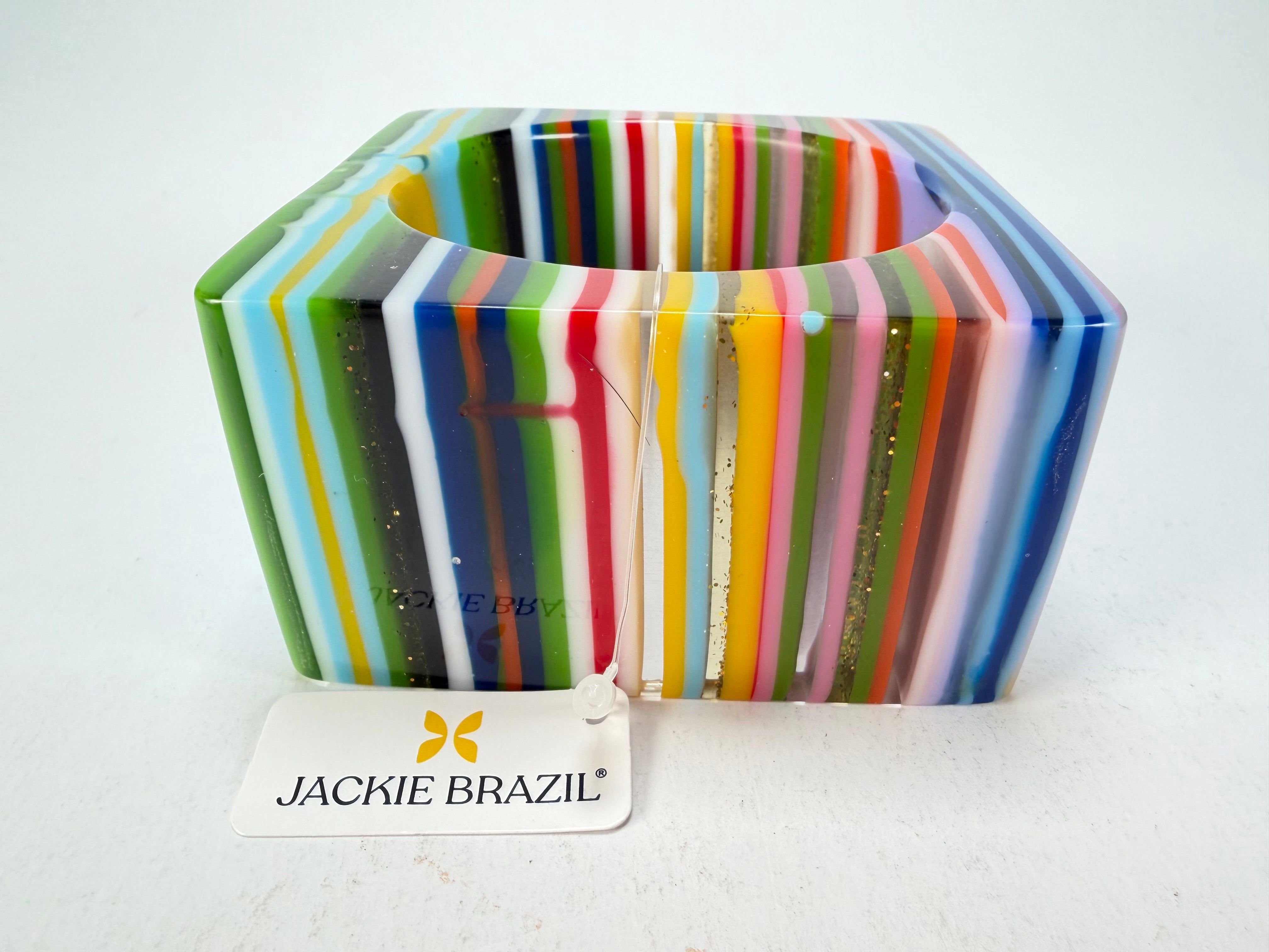 Jackie Brazil "Mix Colours" Liquorice Allsorts Striped 5cm Square Resin Bangle ( B2057 )