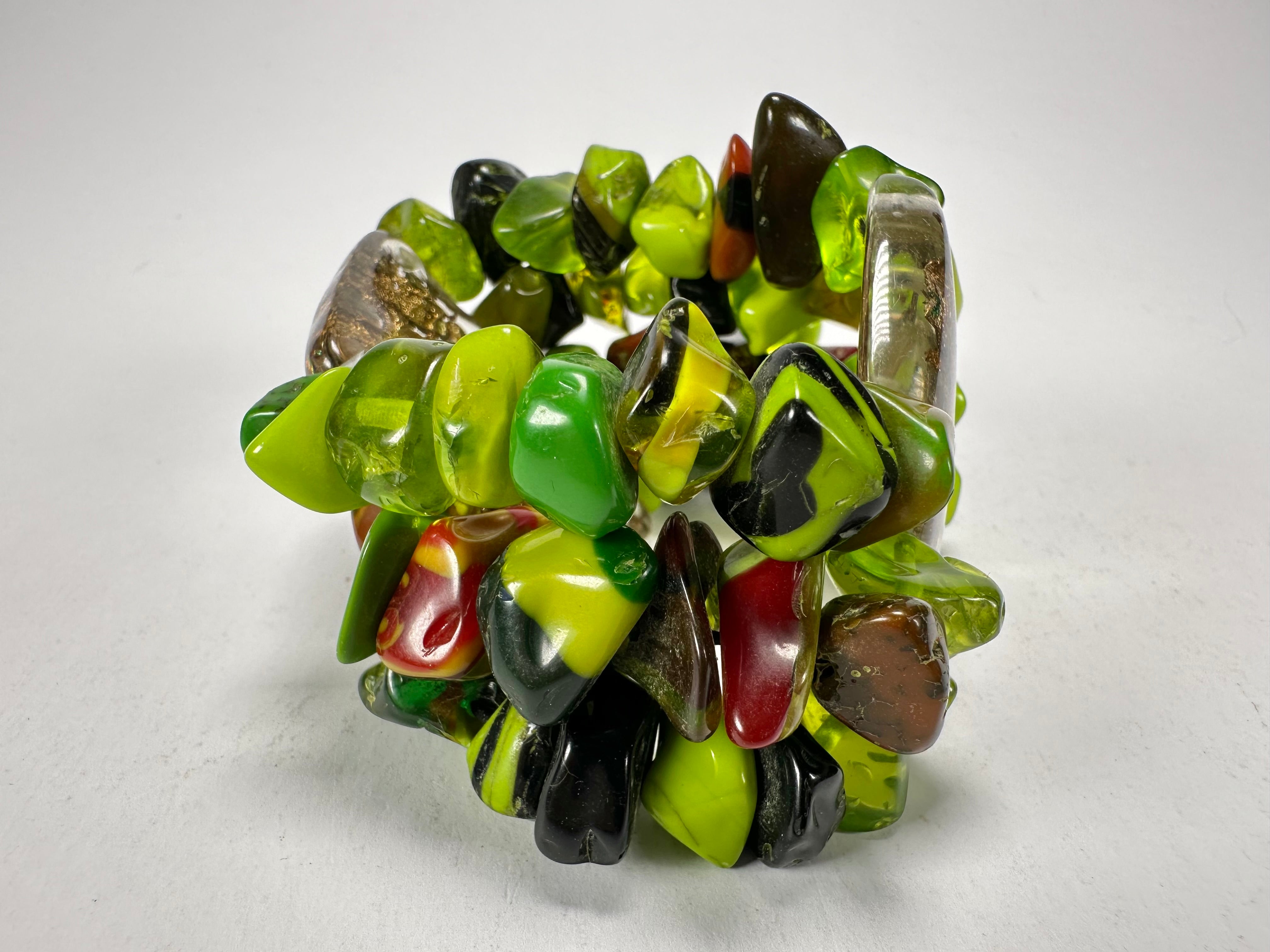 Jackie Brazil "Orient Express" 3 & 4 Beaded Strands with Leaf Pendant Green Mix Resin Bracelet ( B3544 )