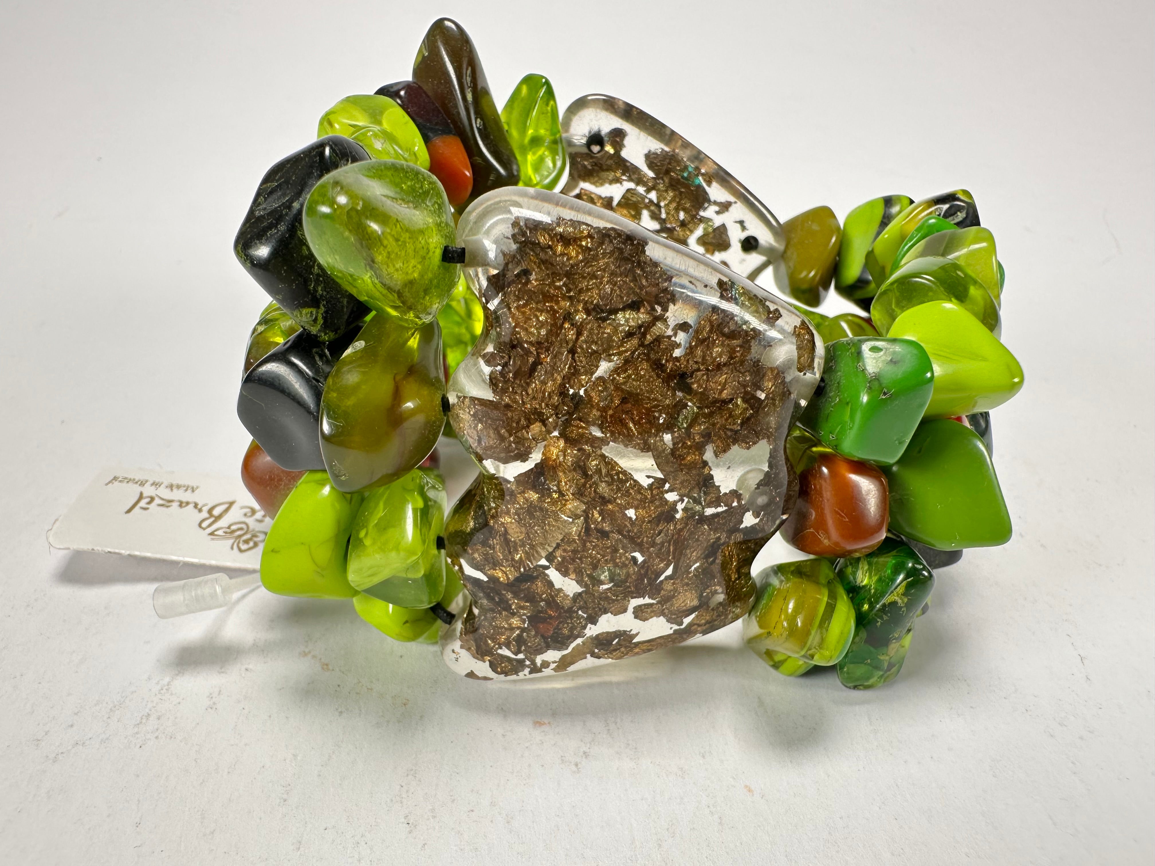 Jackie Brazil "Orient Express" 3 & 4 Beaded Strands with Leaf Pendant Green Mix Resin Bracelet ( B3544 )
