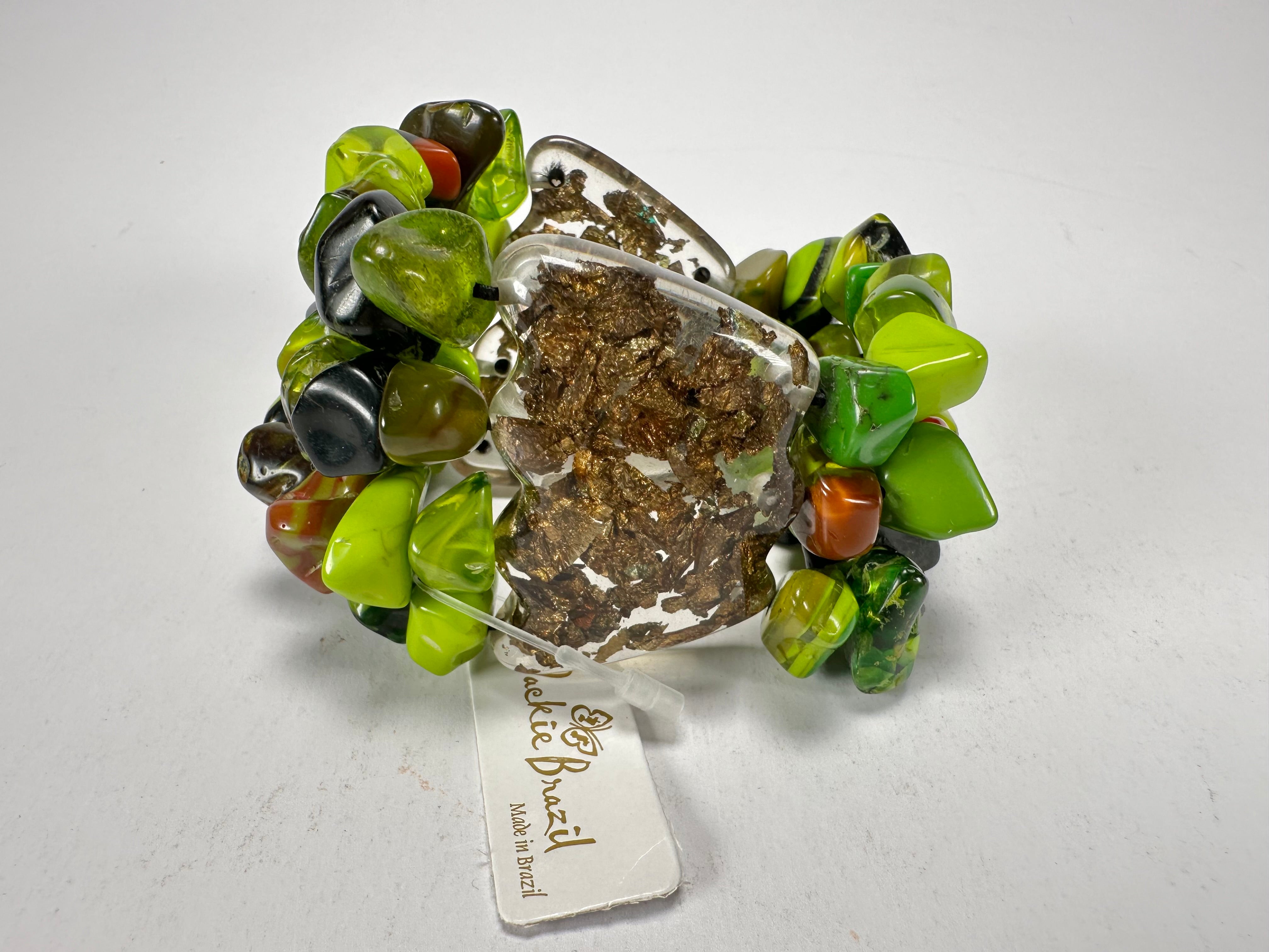 Jackie Brazil "Orient Express" 3 & 4 Beaded Strands with Leaf Pendant Green Mix Resin Bracelet ( B3544 )