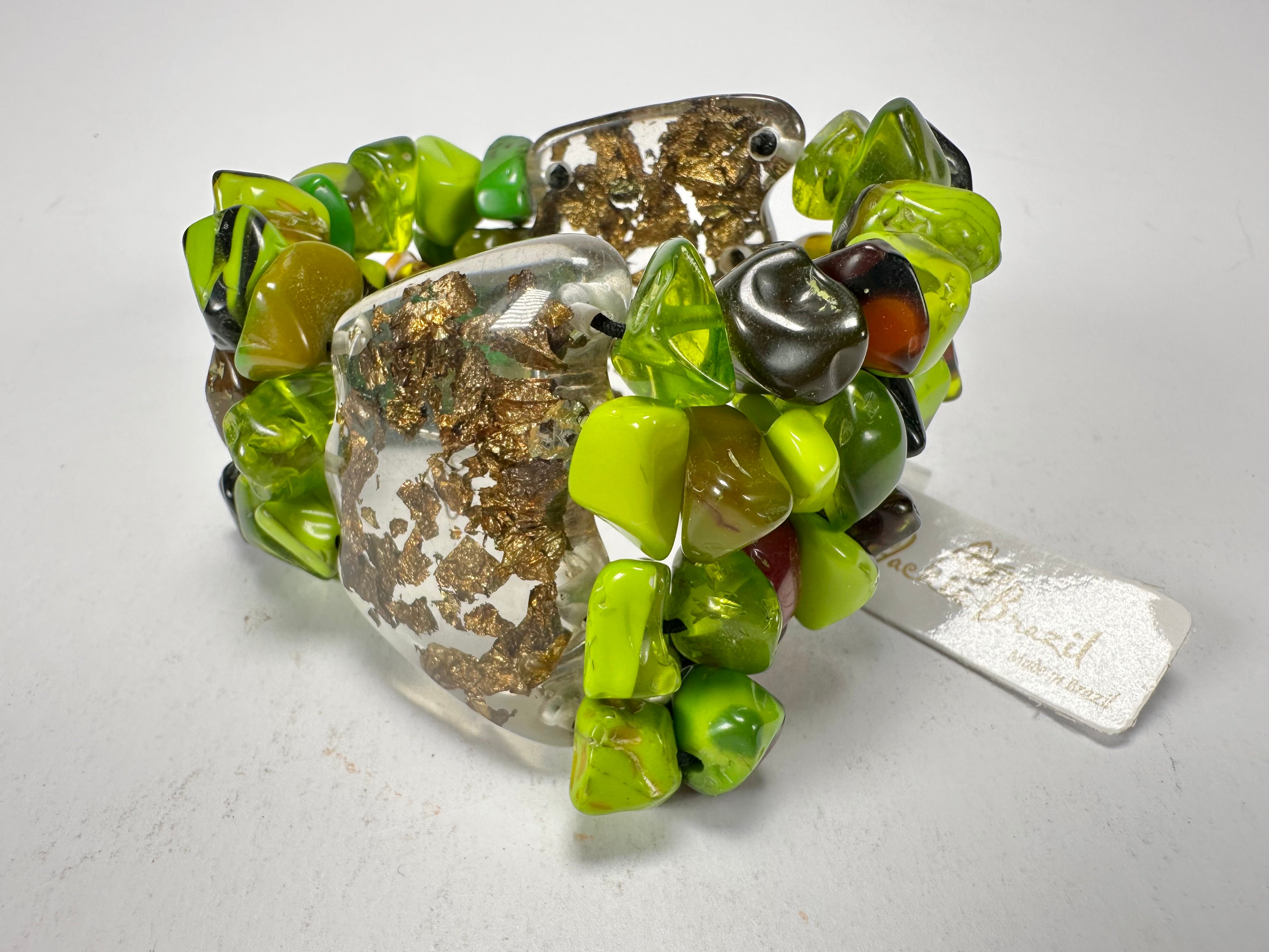 Jackie Brazil "Orient Express" 3 & 4 Beaded Strands with Leaf Pendant Green Mix Resin Bracelet ( B3544 )