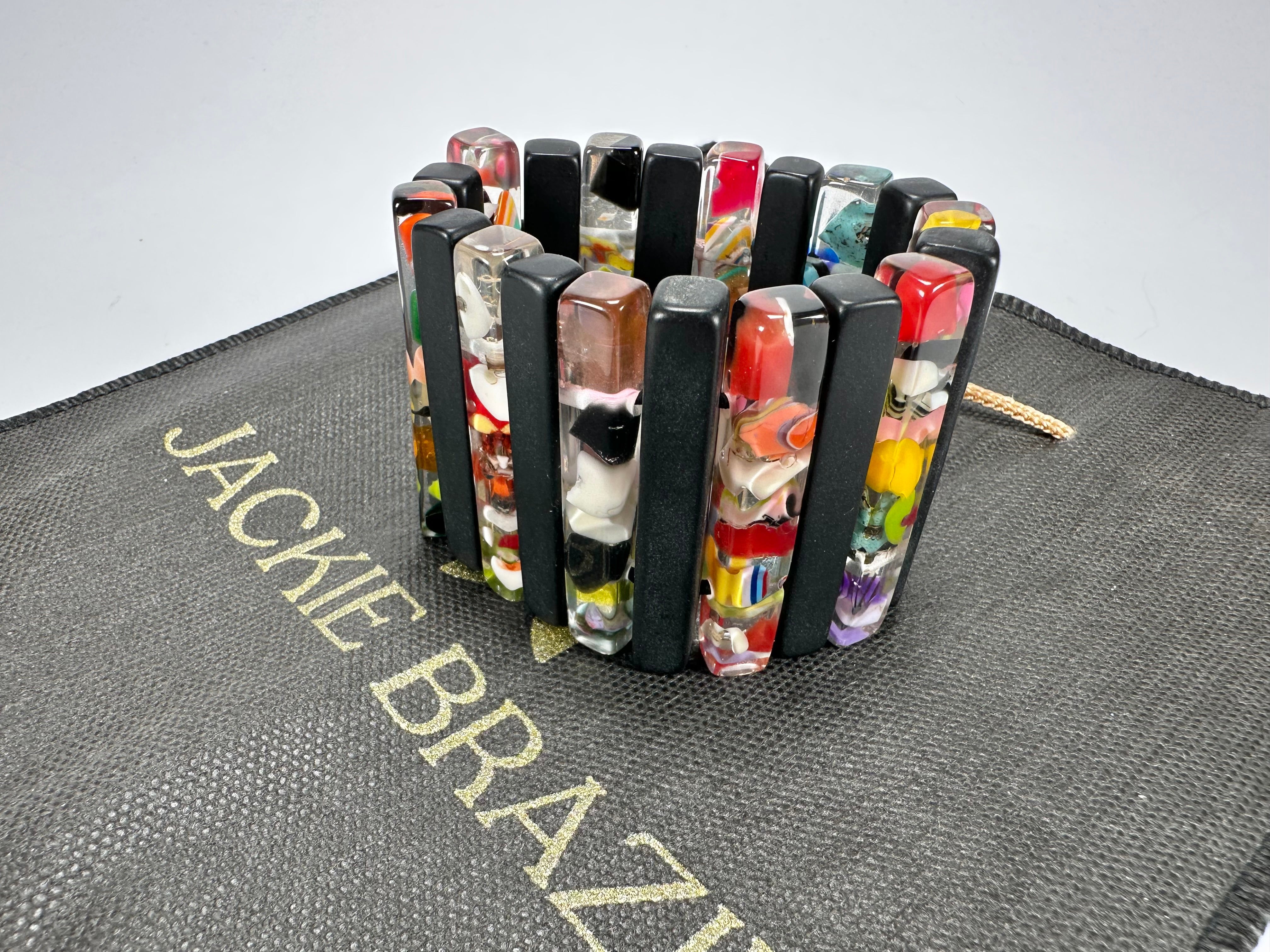 Jackie Brazil "Clarissa" Black & Cascade Thin Rectangles Elasticated Bracelet ( B2335 )