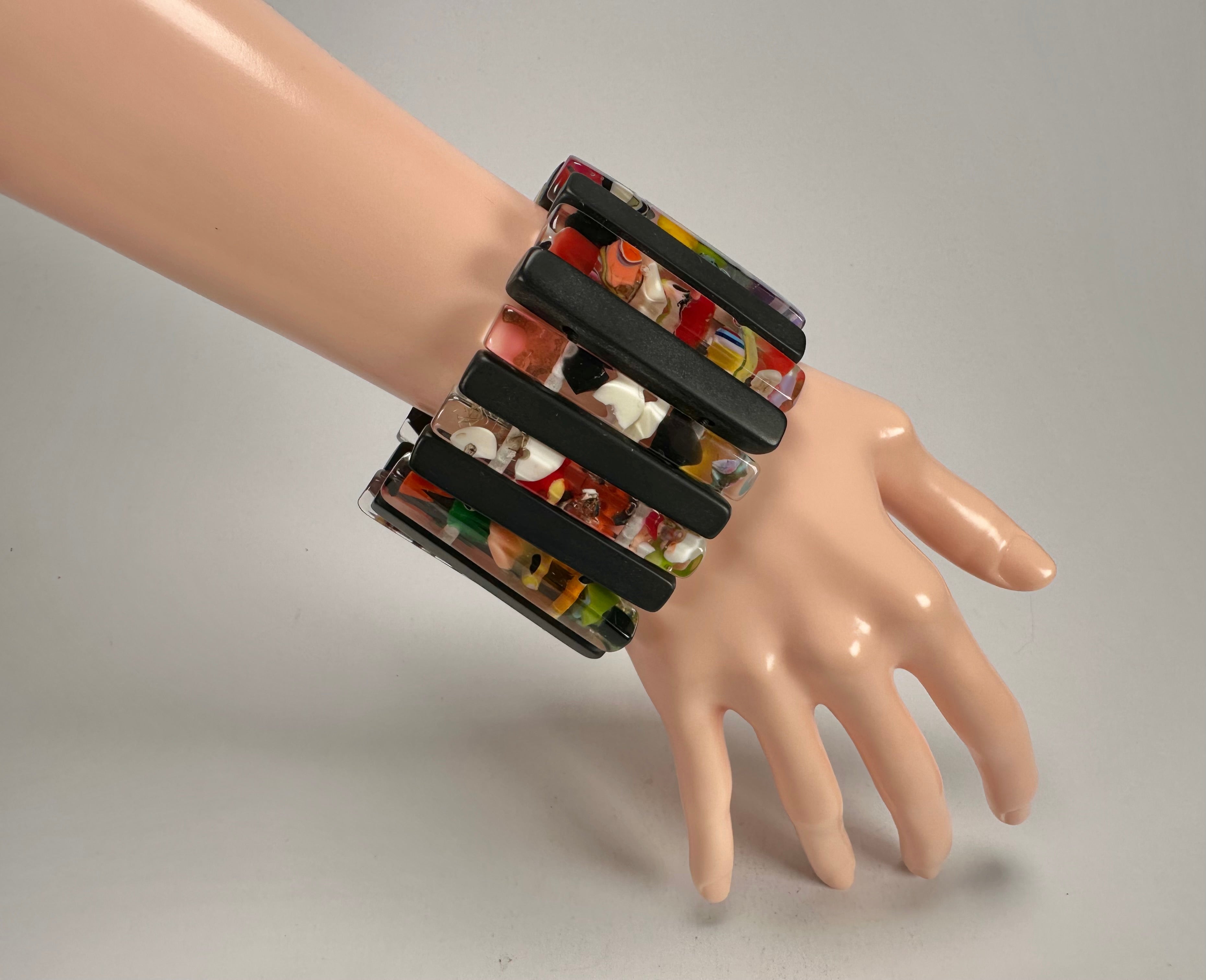 Jackie Brazil "Clarissa" Black & Cascade Thin Rectangles Elasticated Bracelet ( B2335 )
