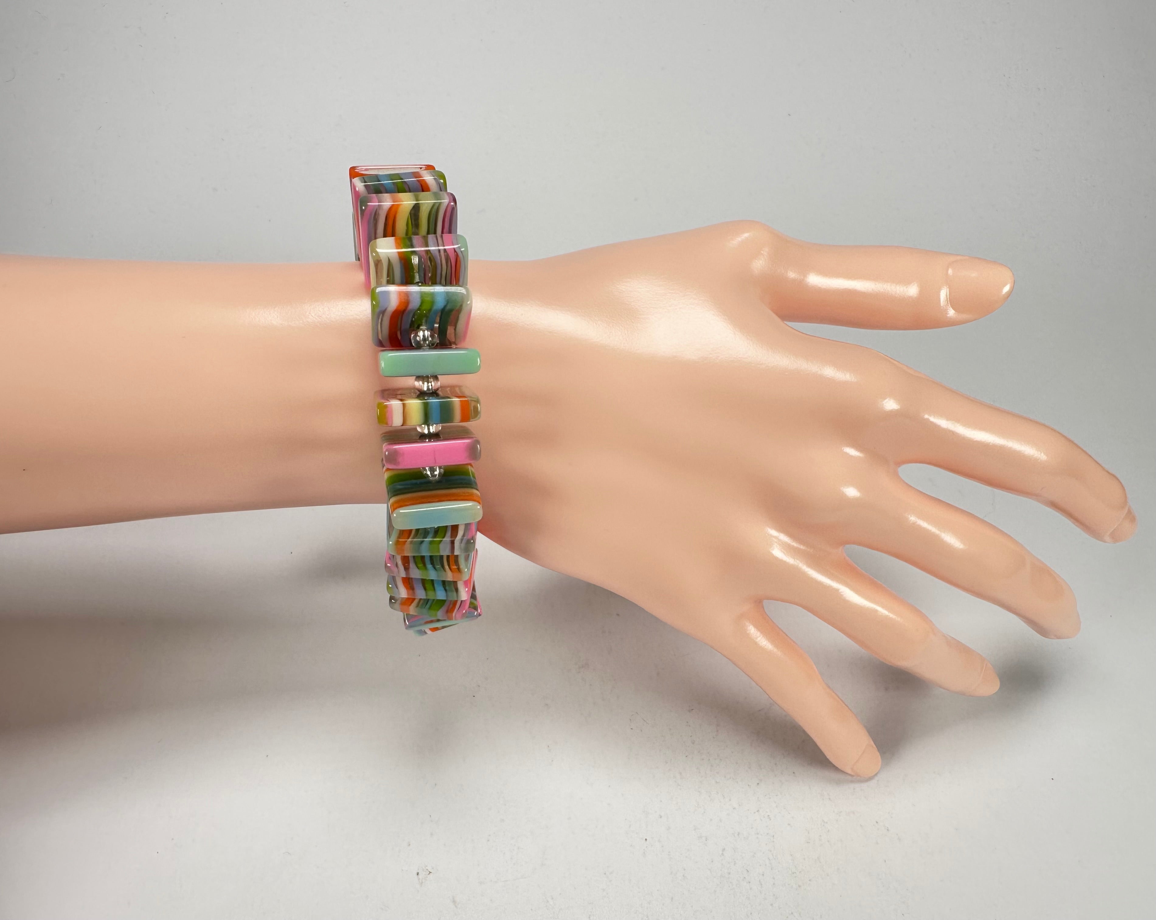 Jackie Brazil "Patricia" Liquorice Squares & Beads Spring Colour Resin Bracelet ( B0192 )