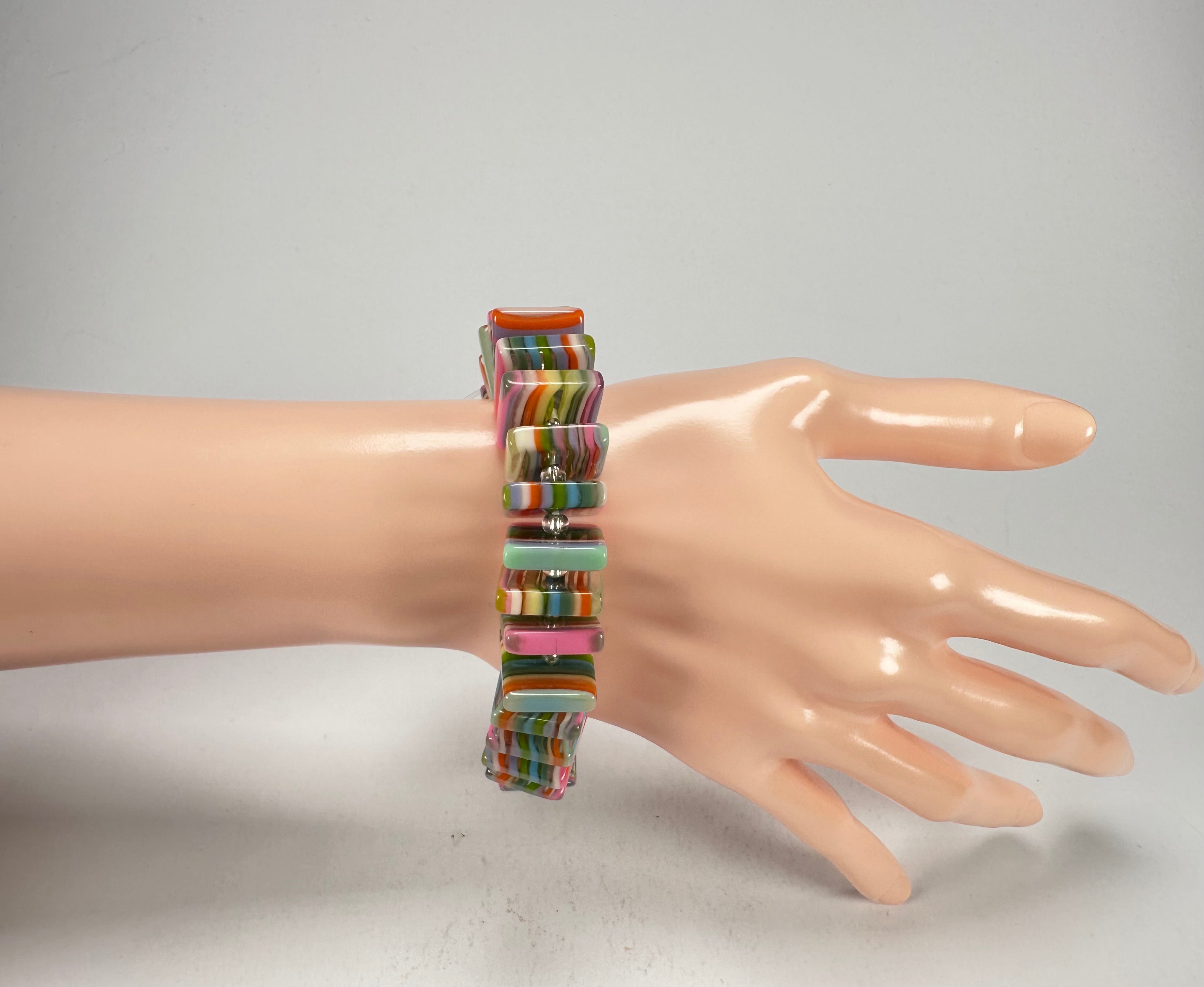 Jackie Brazil "Patricia" Liquorice Squares & Beads Spring Colour Resin Bracelet ( B0192 )