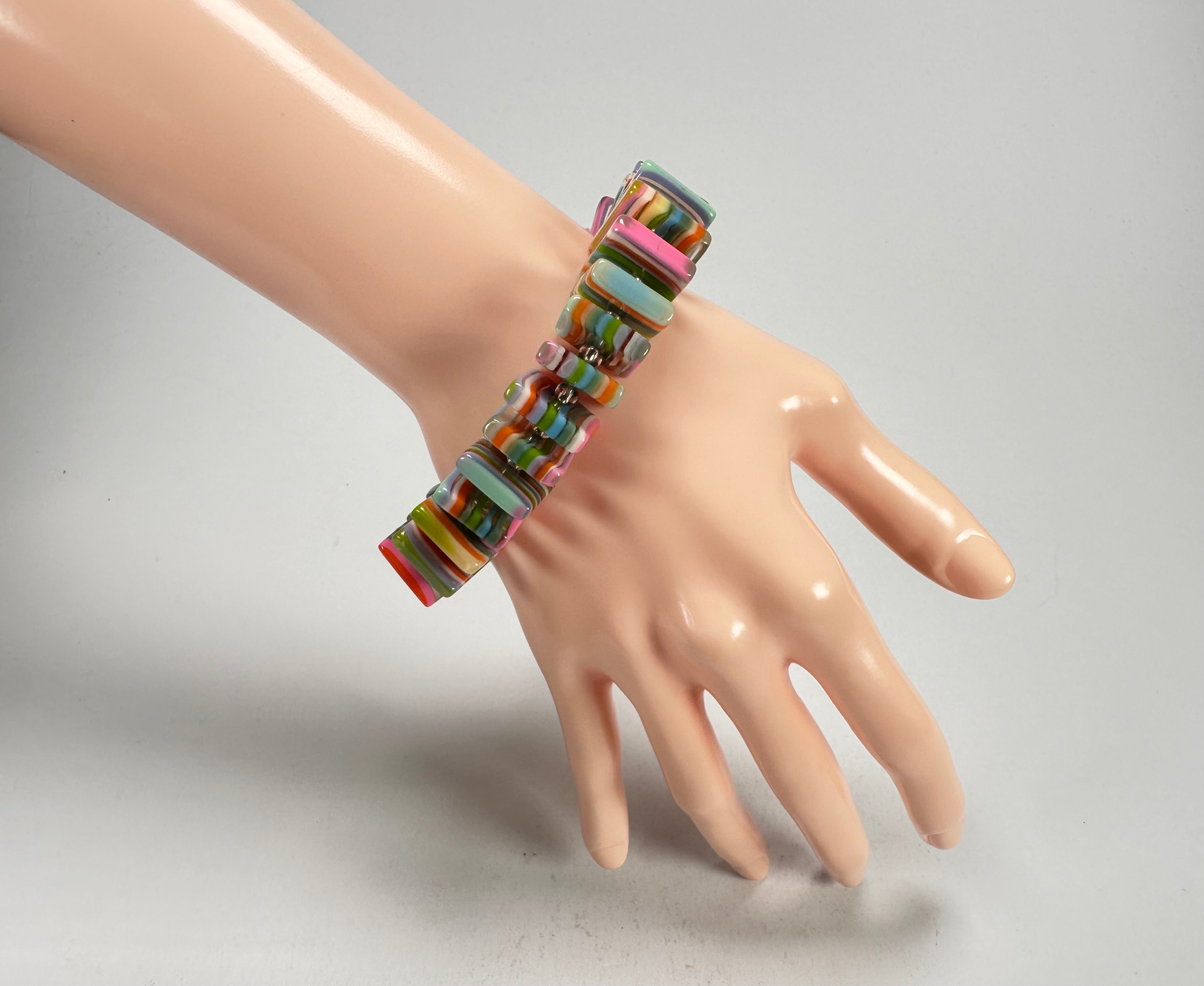 Jackie Brazil "Patricia" Liquorice Squares & Beads Spring Colour Resin Bracelet ( B0192 )