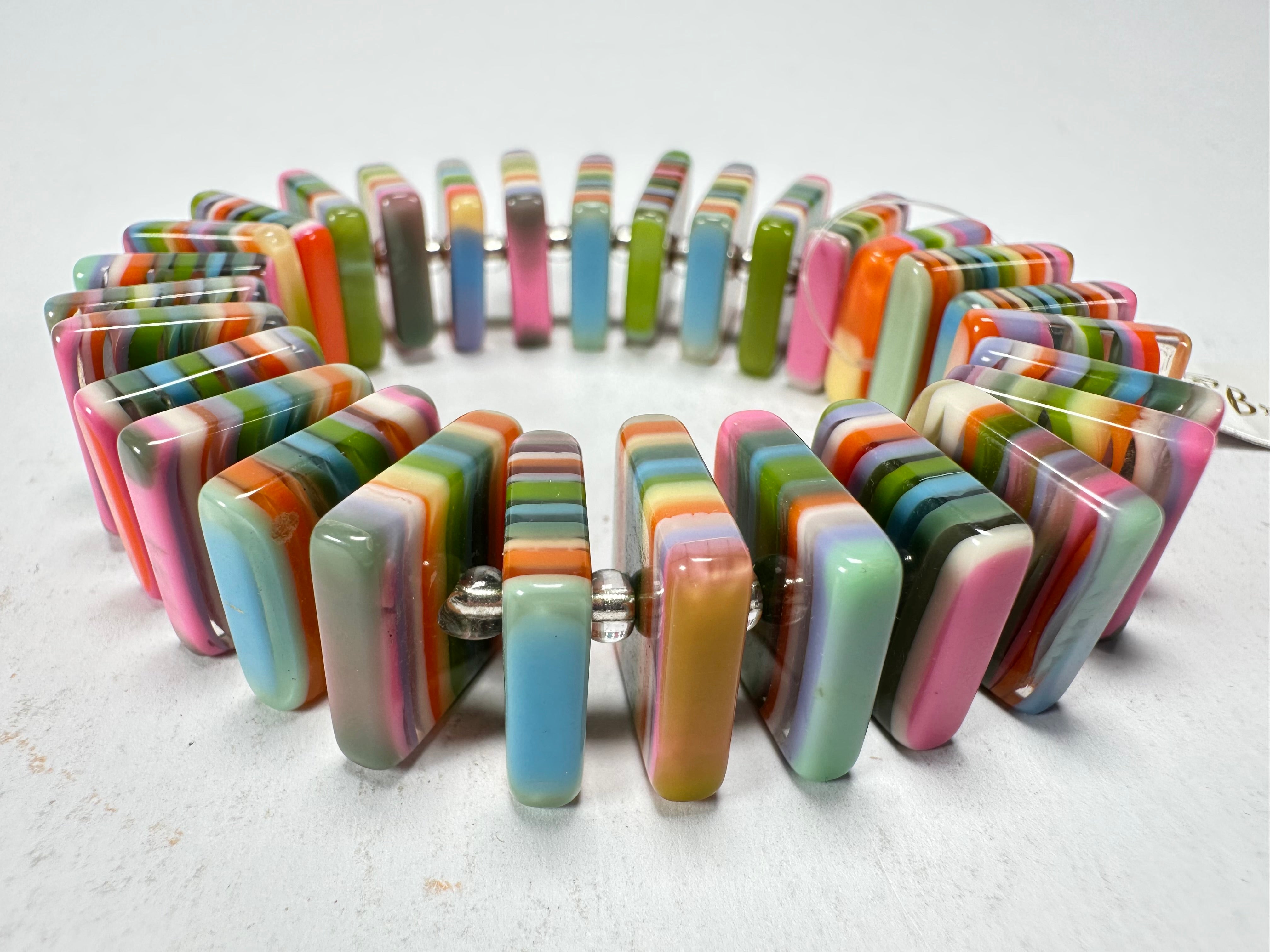 Jackie Brazil "Patricia" Liquorice Squares & Beads Spring Colour Resin Bracelet ( B0192 )