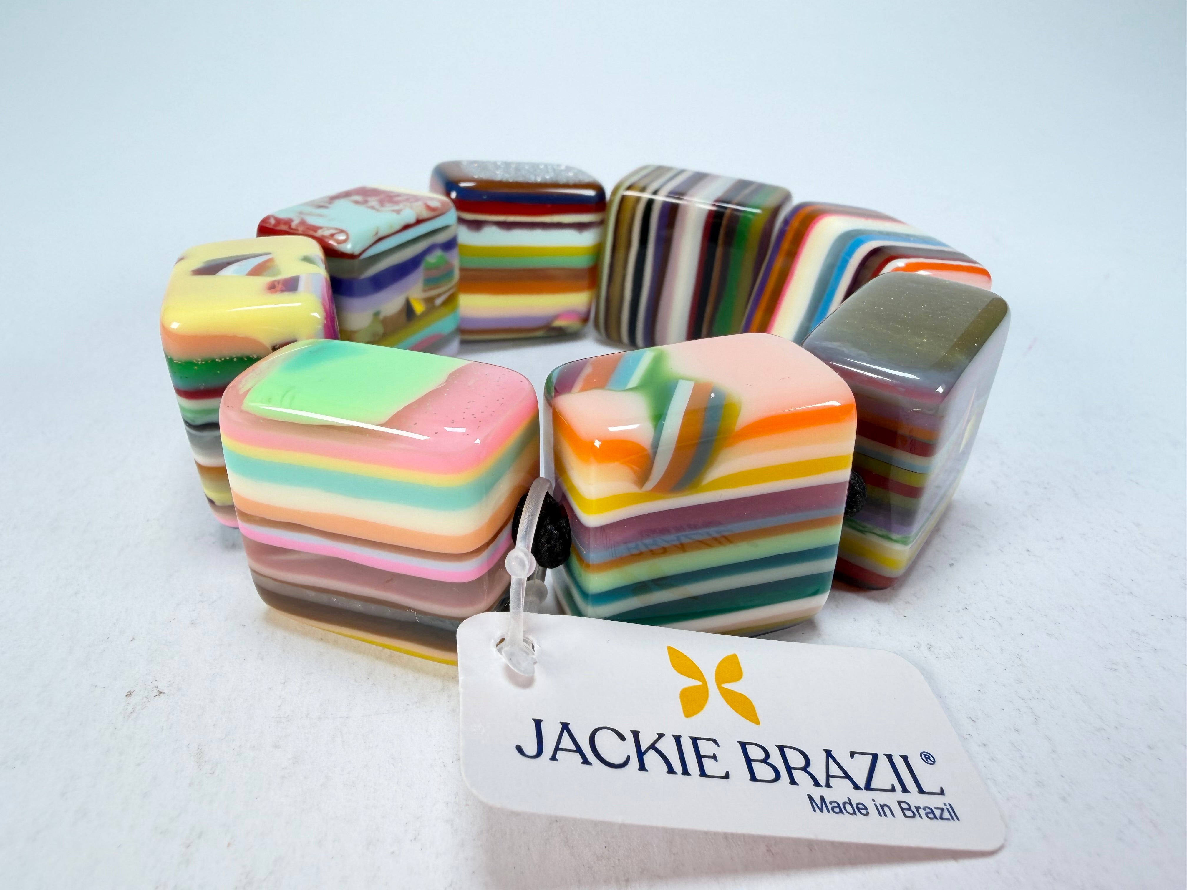 Jackie Brazil "Gala" Liquorice Half Rectangles On Elastic Mix Colours Bracelet ( B0778 )