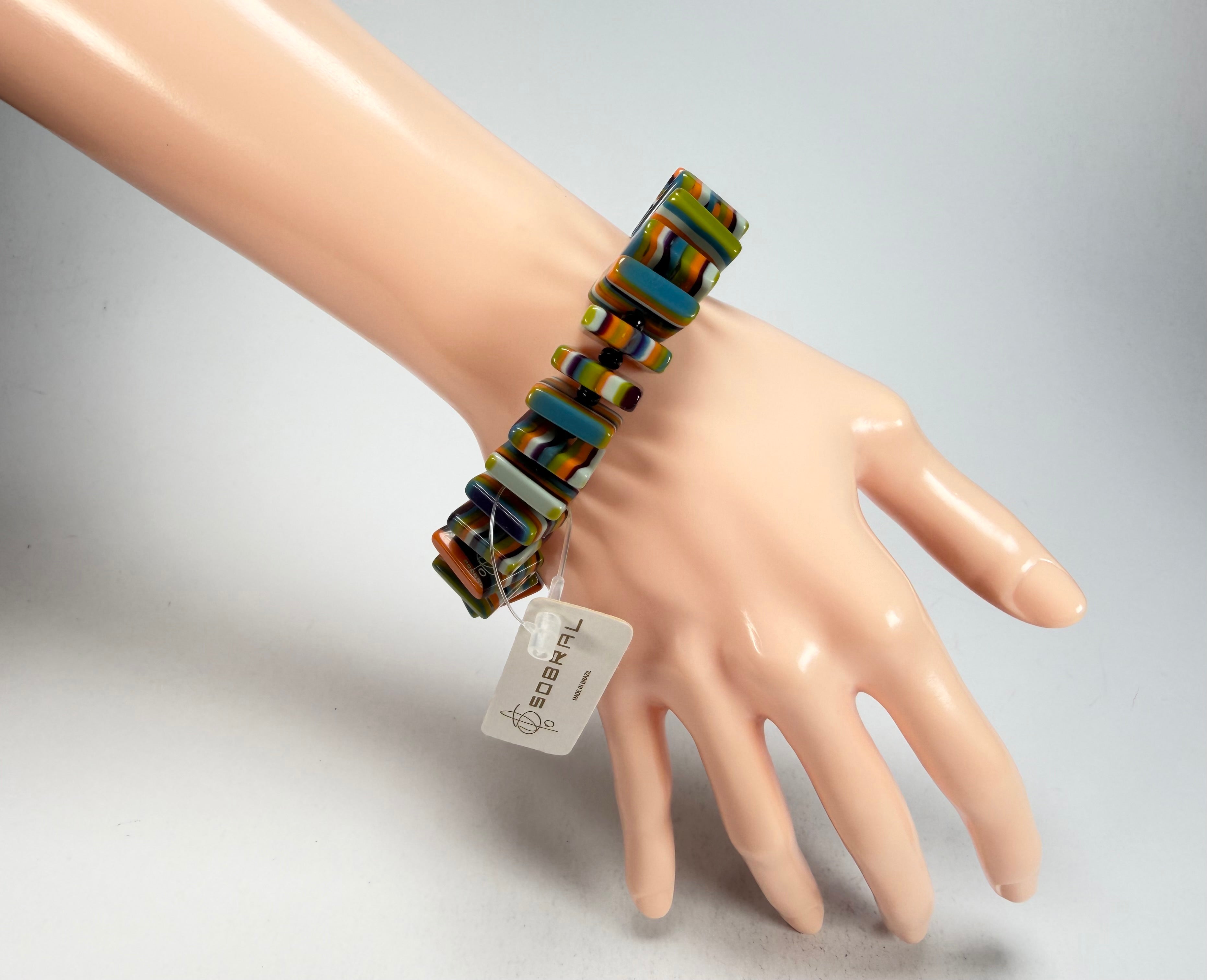 Jackie Brazil "Patricia" Liquorice Squares & Beads Winter Colour Resin Bracelet ( B0192 )