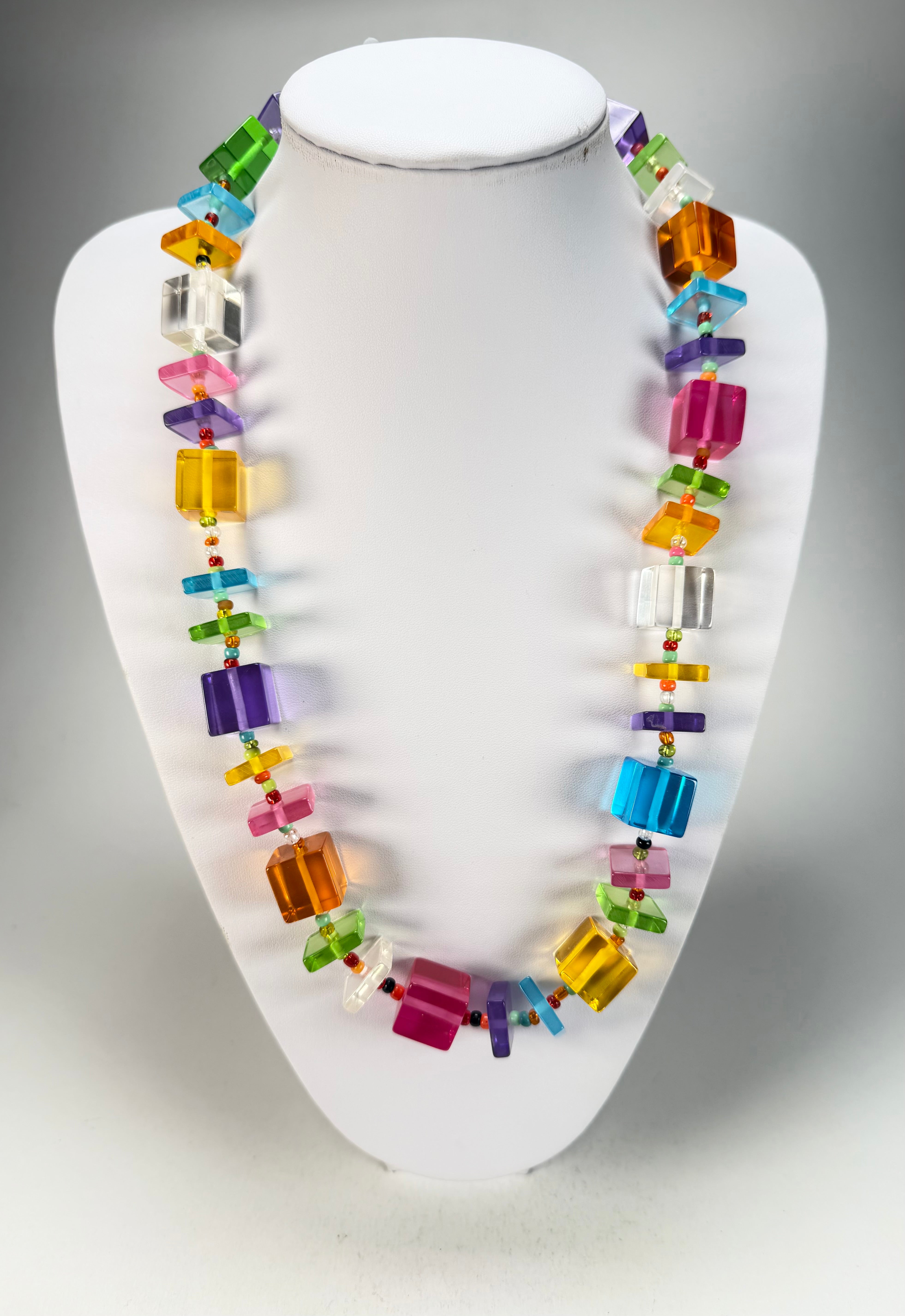 Jackie Brazil "Rome" Transparent Summer Mix Cubes & Squares Mix Colours 75cm Resin Necklace ( N0030 )
