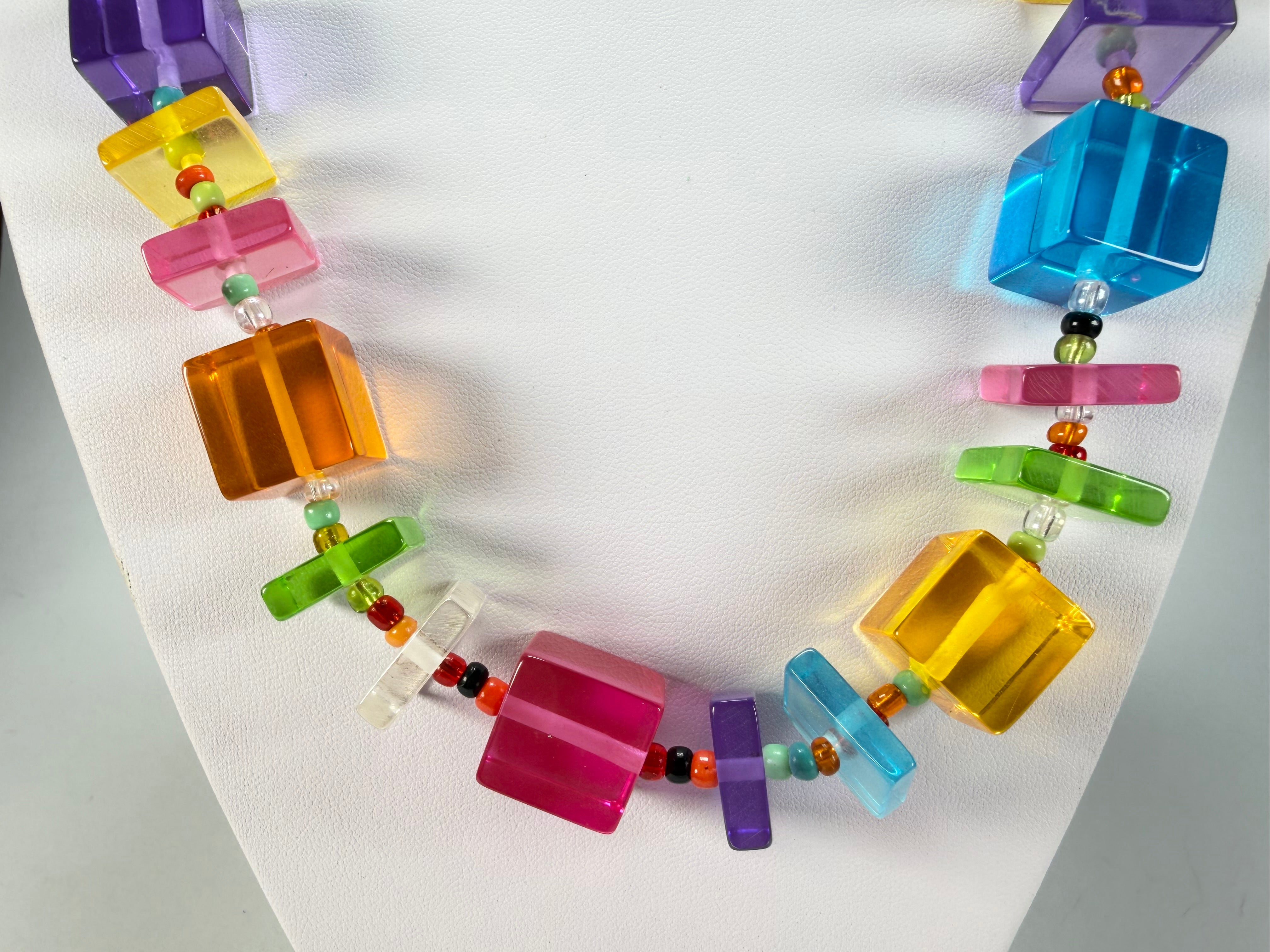 Jackie Brazil "Rome" Transparent Summer Mix Cubes & Squares Mix Colours 75cm Resin Necklace ( N0030 )
