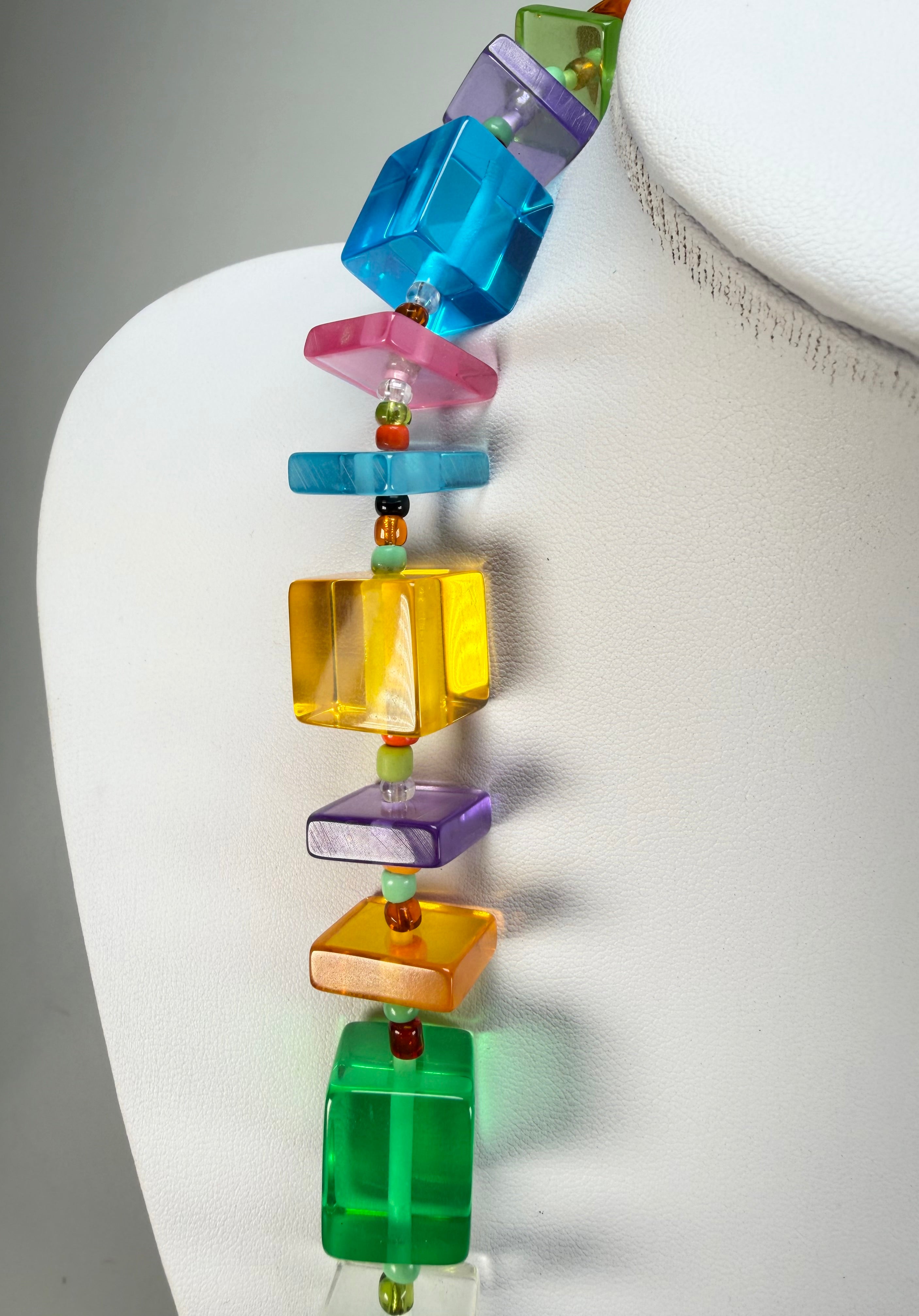 Jackie Brazil "Rome" Transparent Summer Mix Cubes & Squares Mix Colours 120cm Resin Necklace ( N0032 )