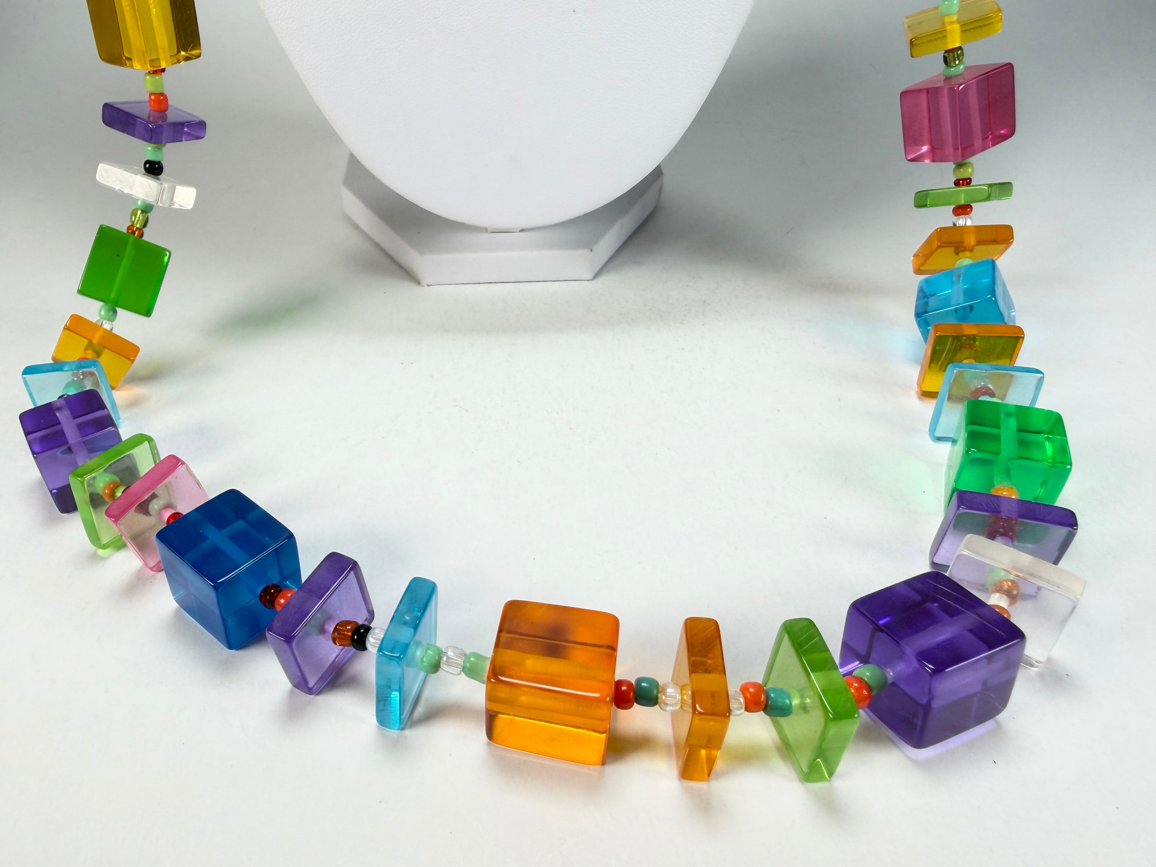 Jackie Brazil "Rome" Transparent Summer Mix Cubes & Squares Mix Colours 120cm Resin Necklace ( N0032 )