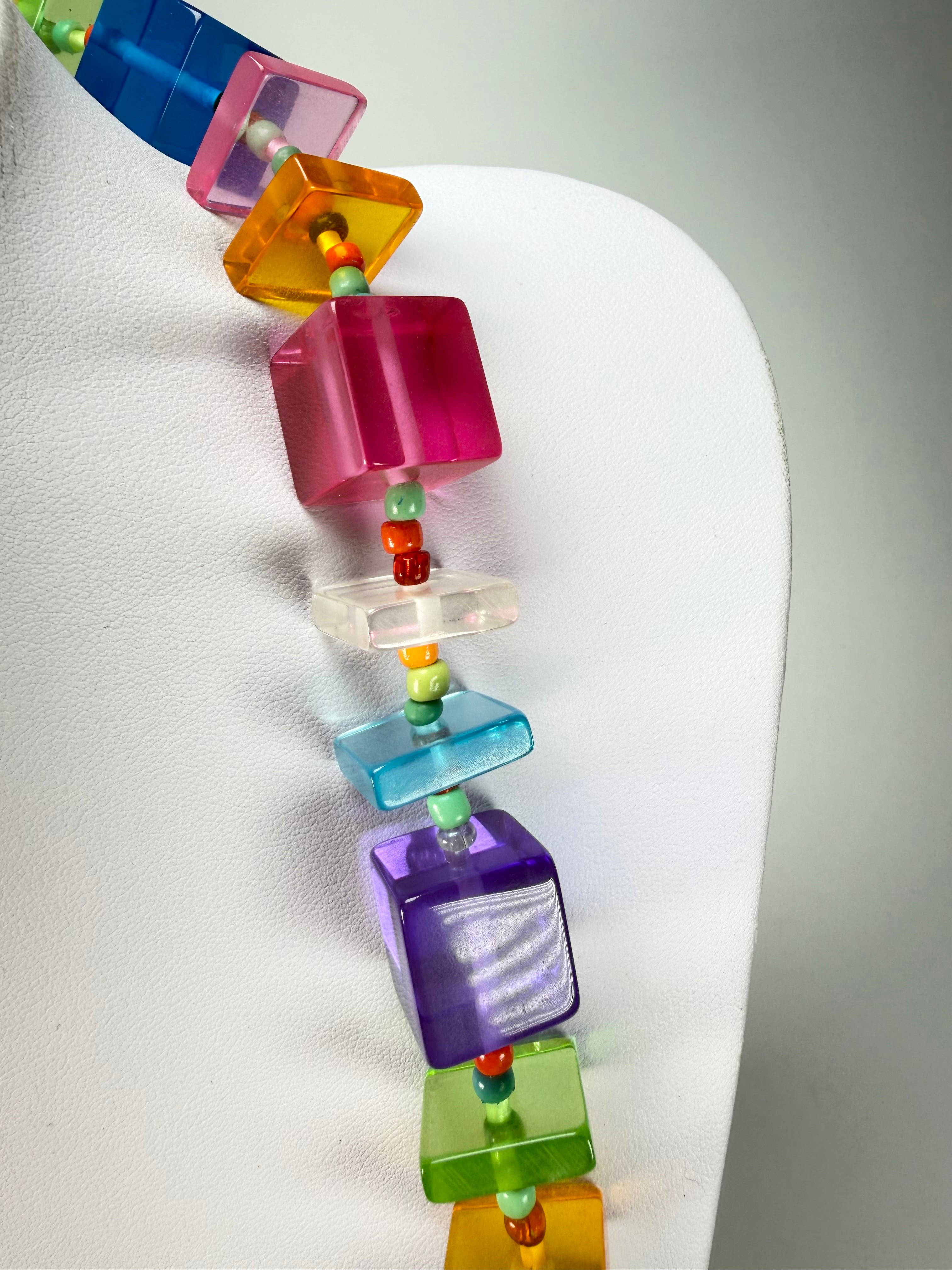 Jackie Brazil "Rome" Transparent Summer Mix Cubes & Squares Mix Colours 120cm Resin Necklace ( N0032 )