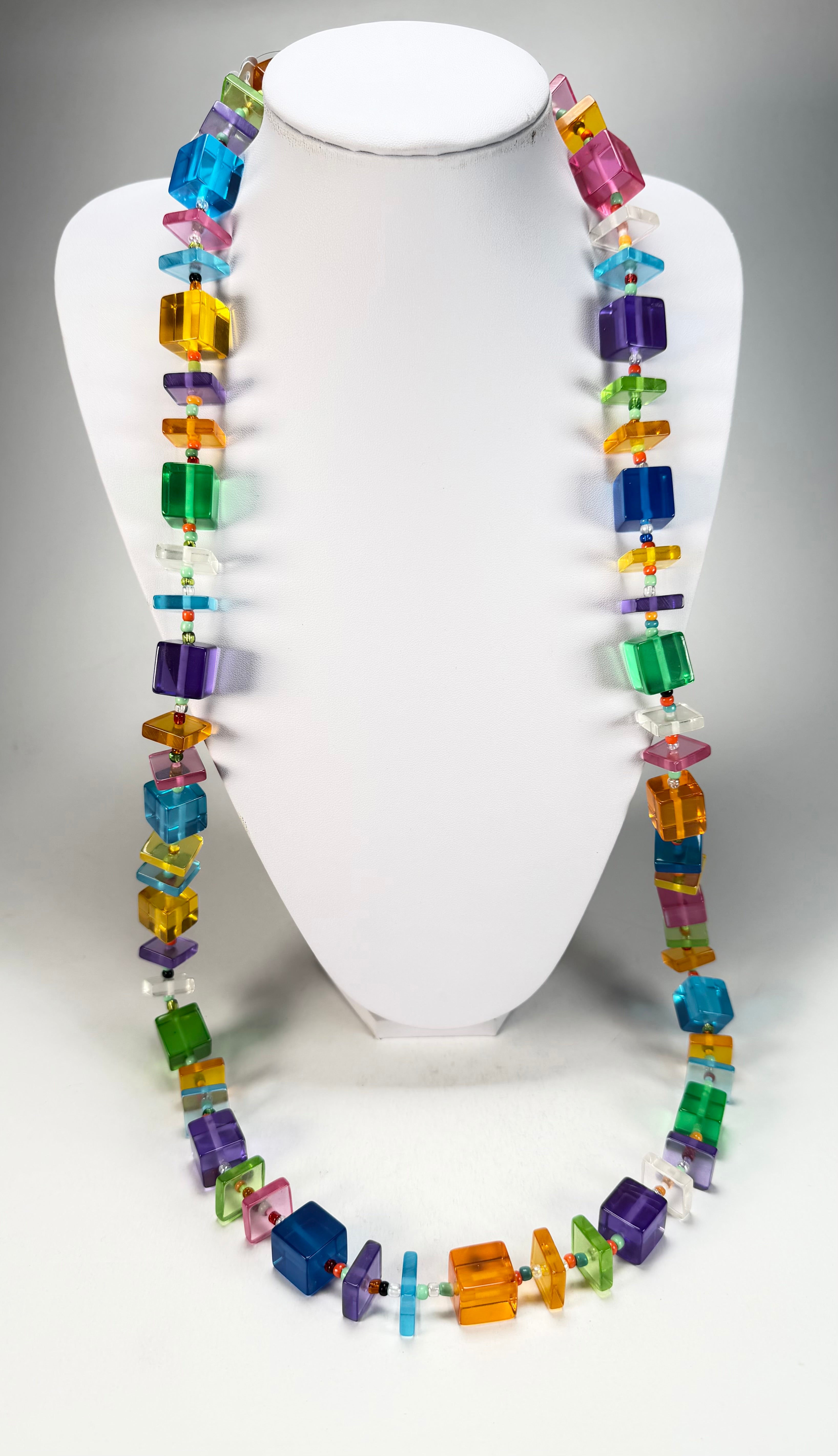 Jackie Brazil "Rome" Transparent Summer Mix Cubes & Squares Mix Colours 120cm Resin Necklace ( N0032 )