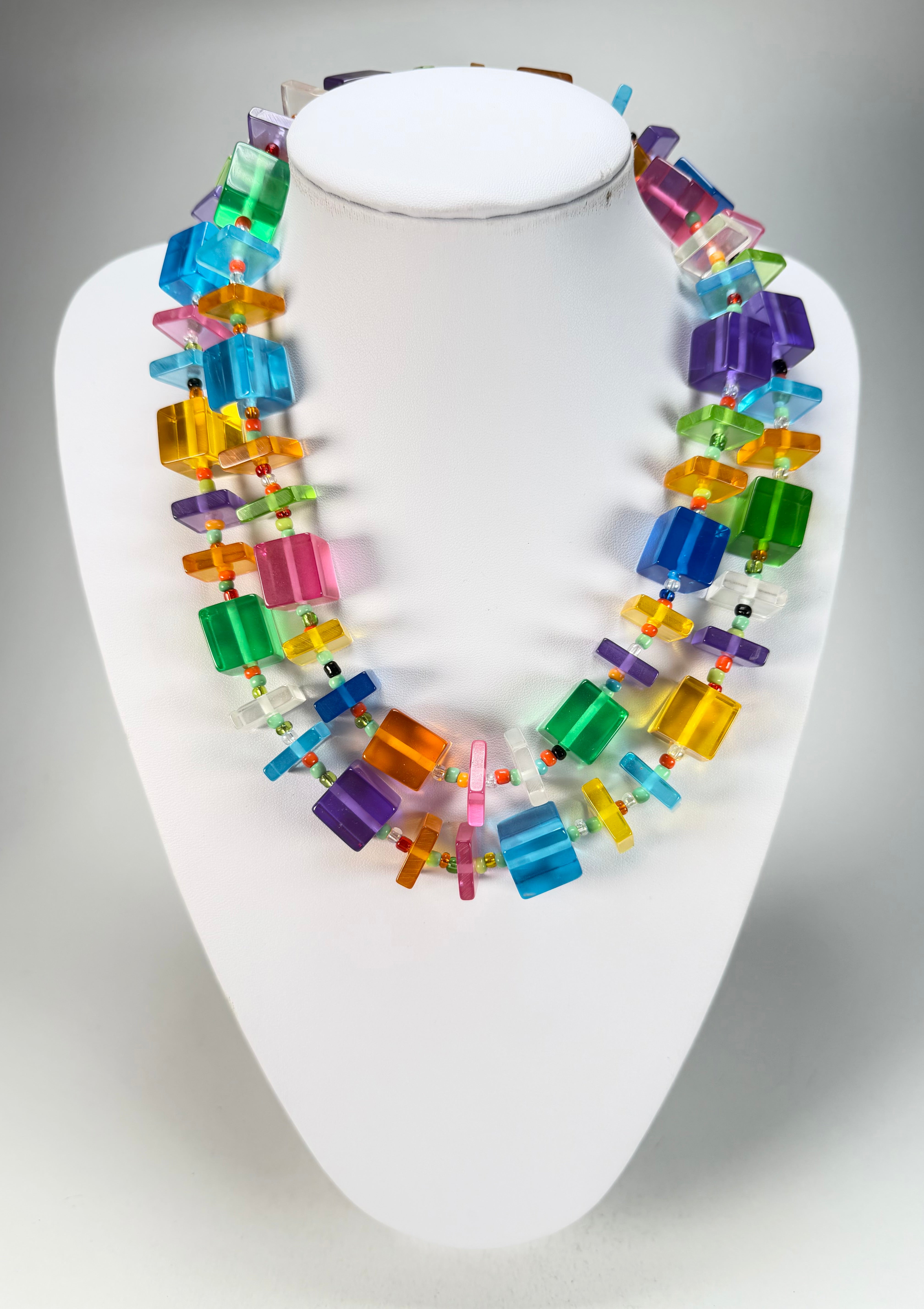 Jackie Brazil "Rome" Transparent Summer Mix Cubes & Squares Mix Colours 120cm Resin Necklace ( N0032 )