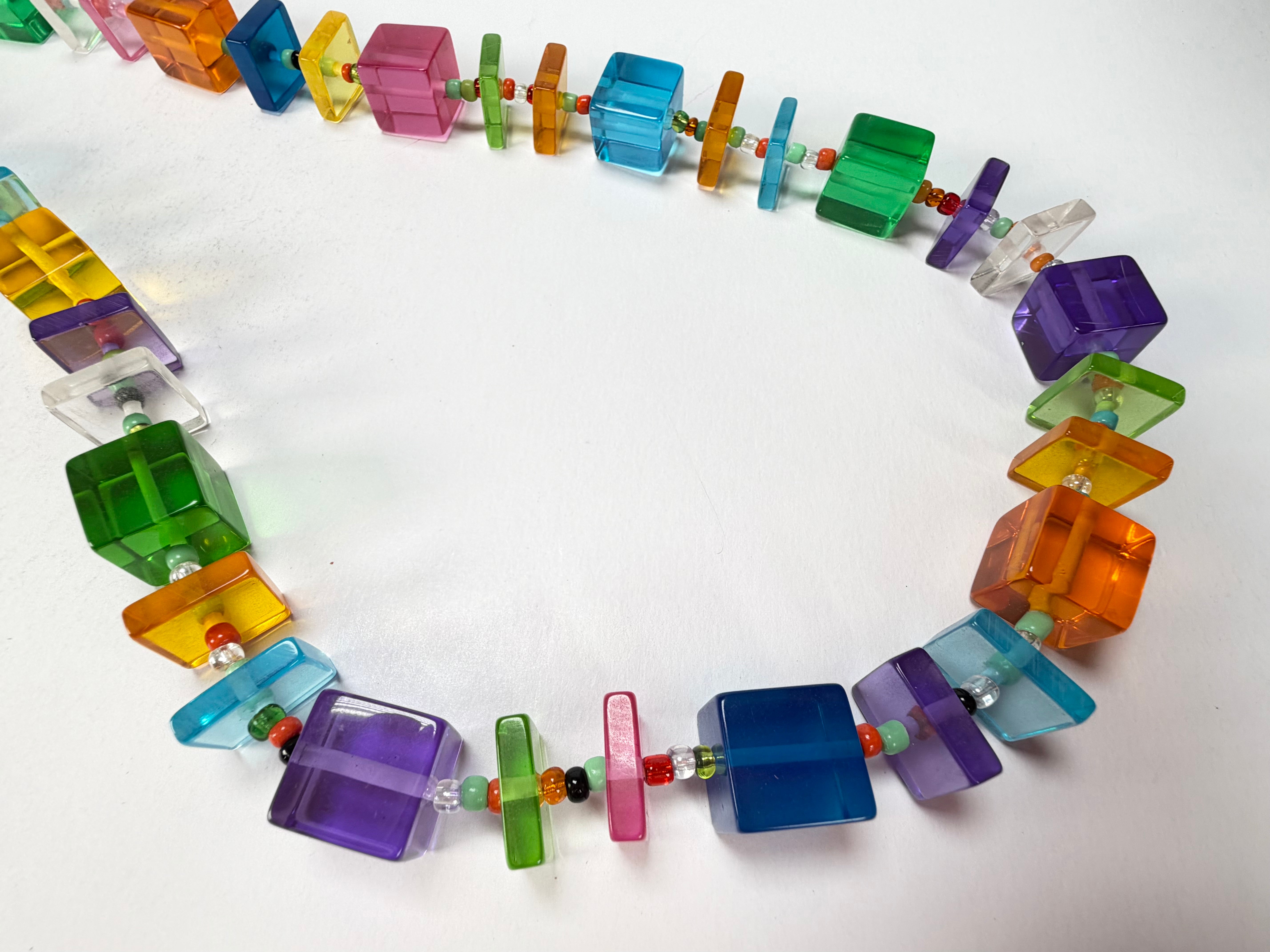 Jackie Brazil "Rome" Transparent Summer Mix Cubes & Squares Mix Colours 120cm Resin Necklace ( N0032 )