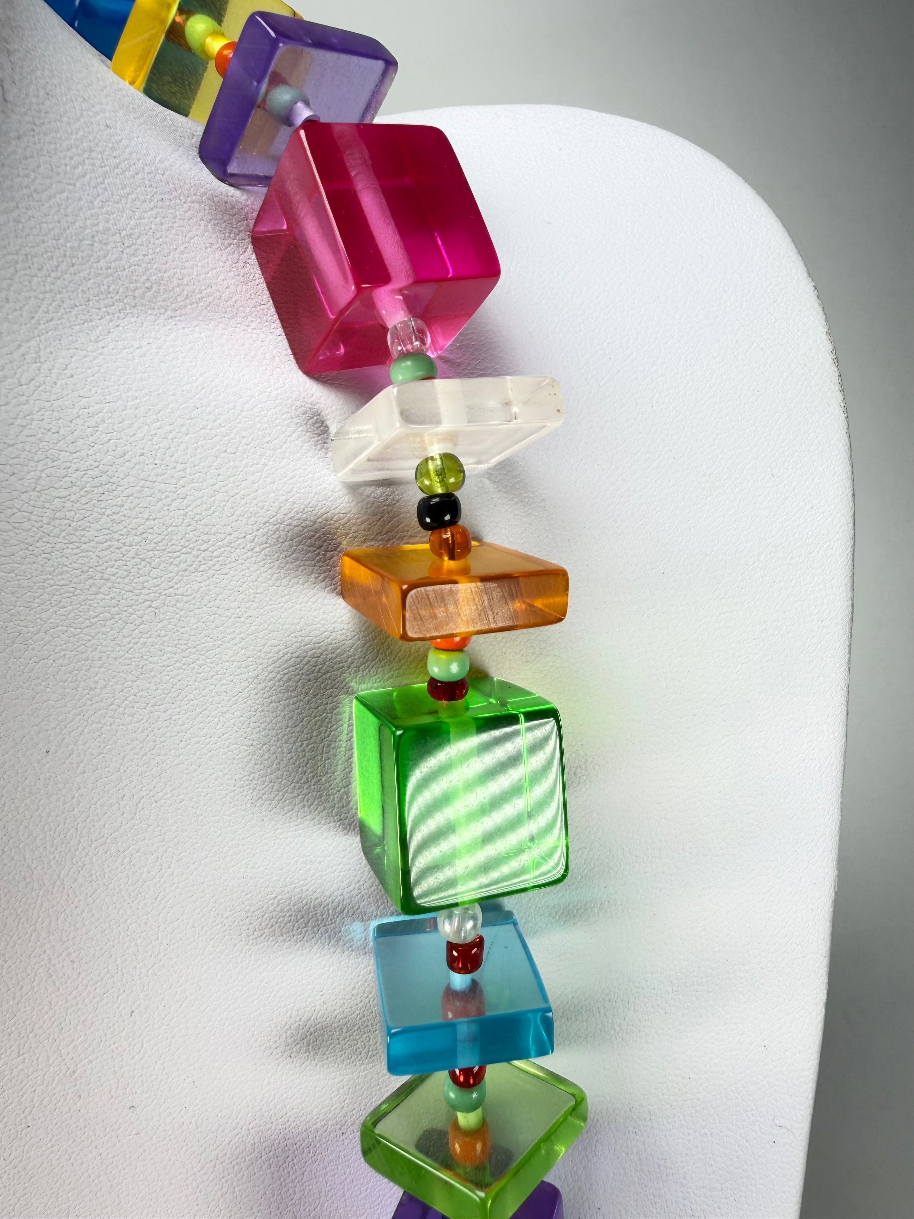 Jackie Brazil "Rome" Transparent Summer Mix Cubes & Squares Mix Colours 75cm Resin Necklace ( N0030 )