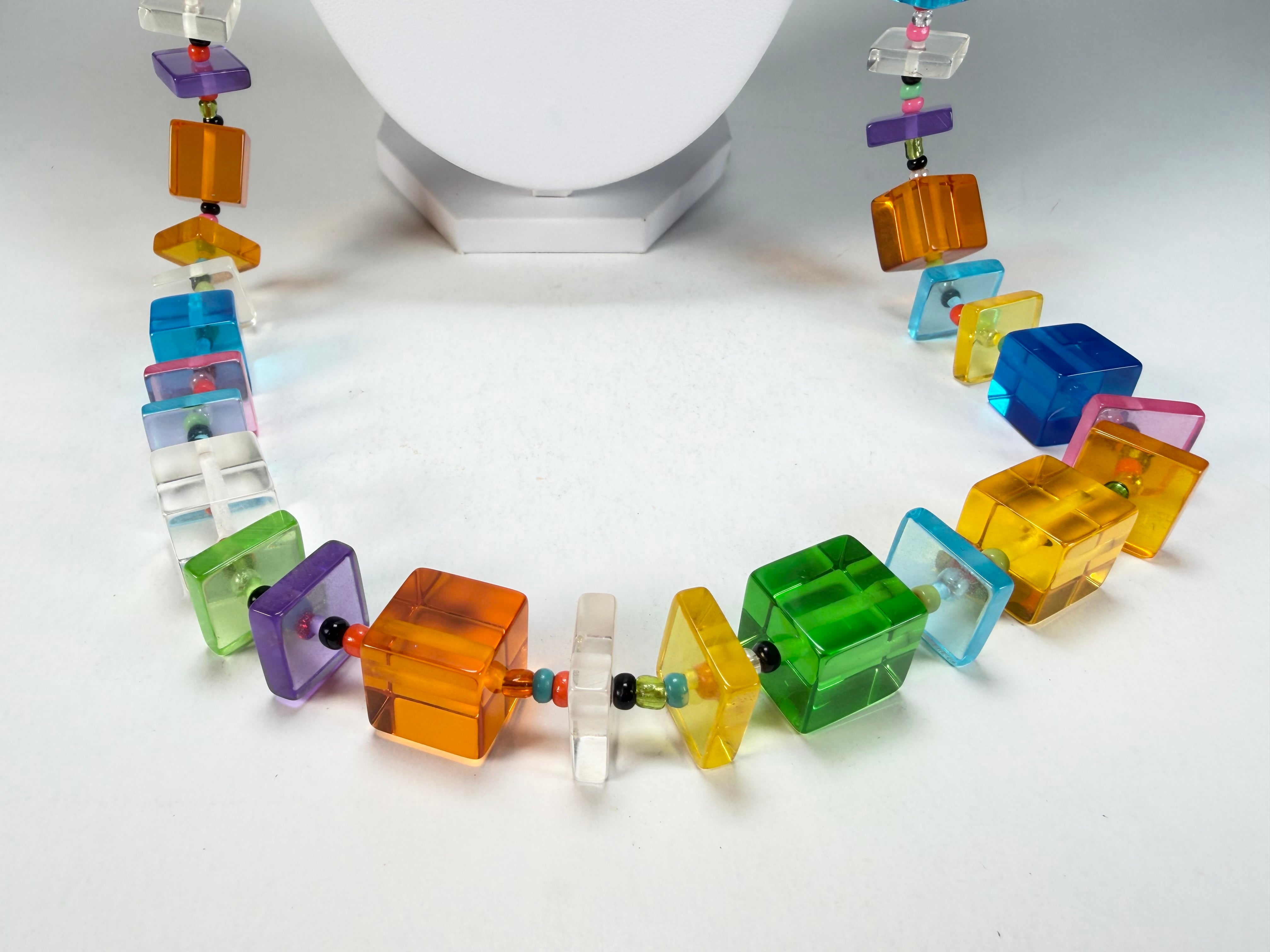 Jackie Brazil "Rome" Transparent Summer Mix Cubes & Squares Mix Colours 120cm Resin Necklace ( N0032 )