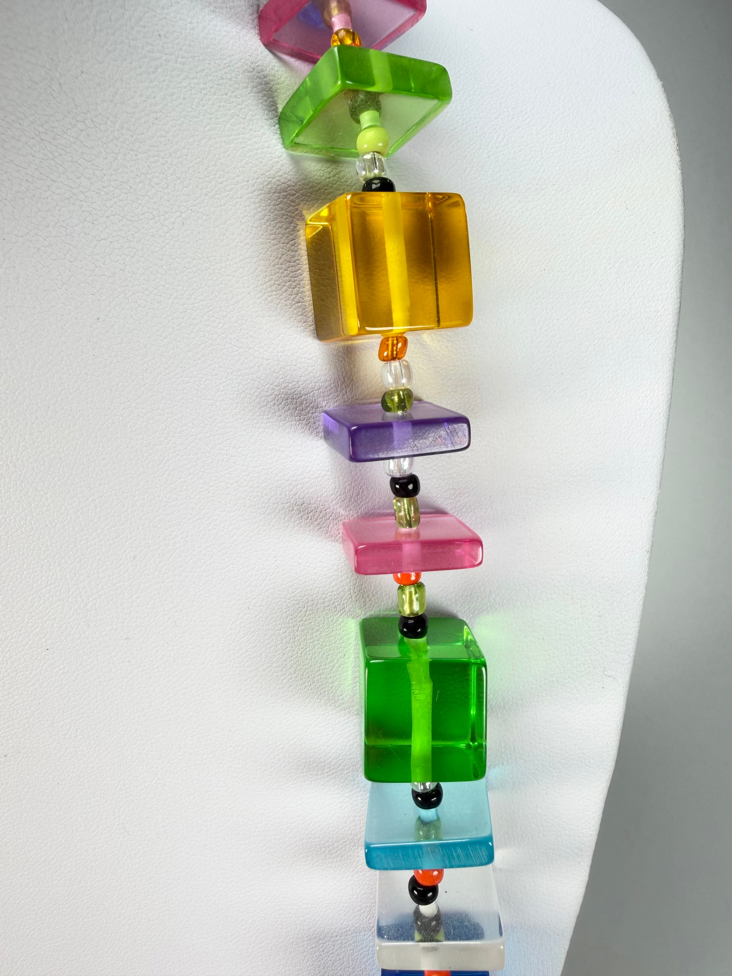 Jackie Brazil "Rome" Transparent Summer Mix Cubes & Squares Mix Colours 120cm Resin Necklace ( N0032 )