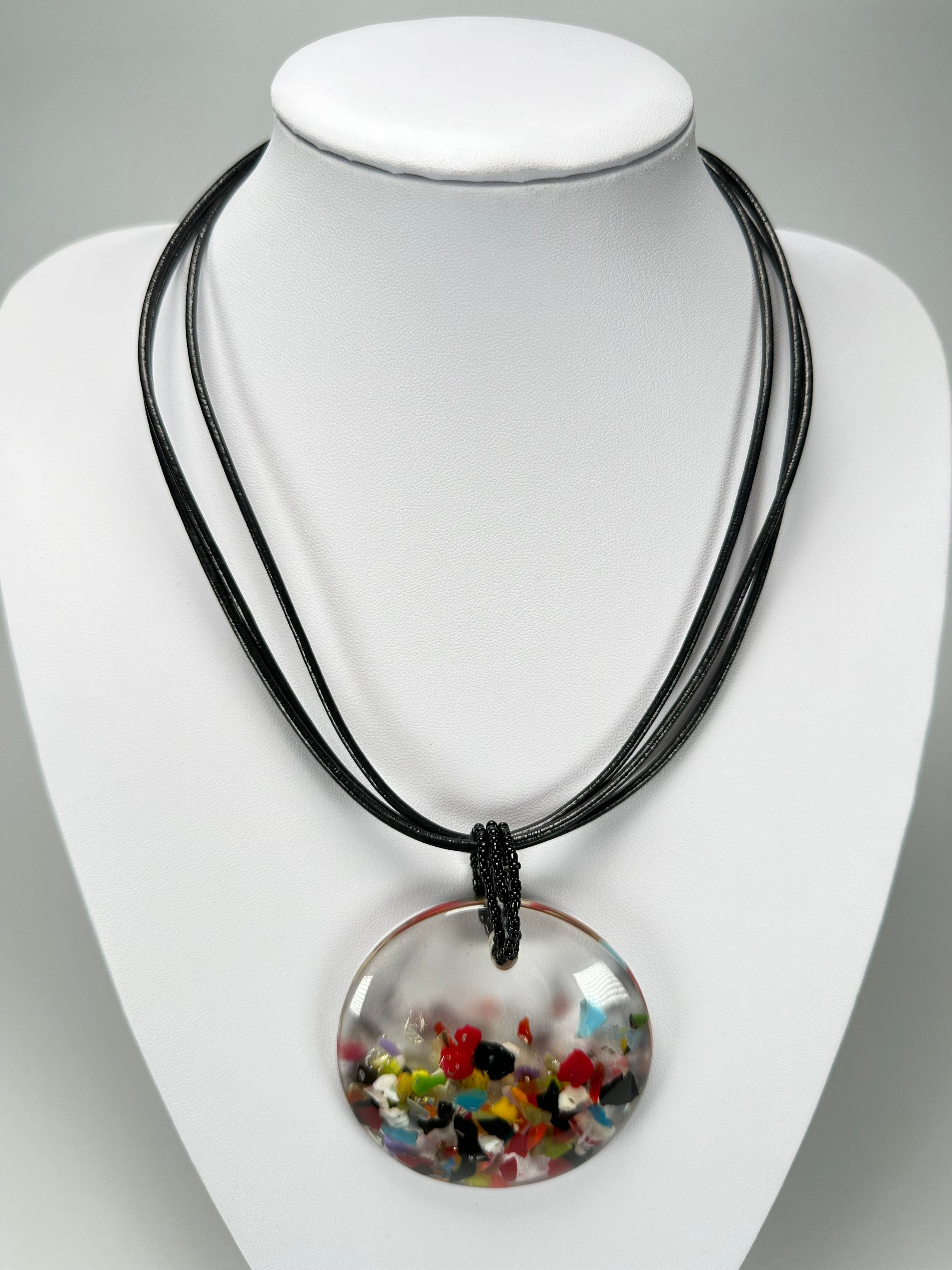 Jackie Brazil "Cascade" Large Disk On Three Cords Resin Necklace ( N3800 )