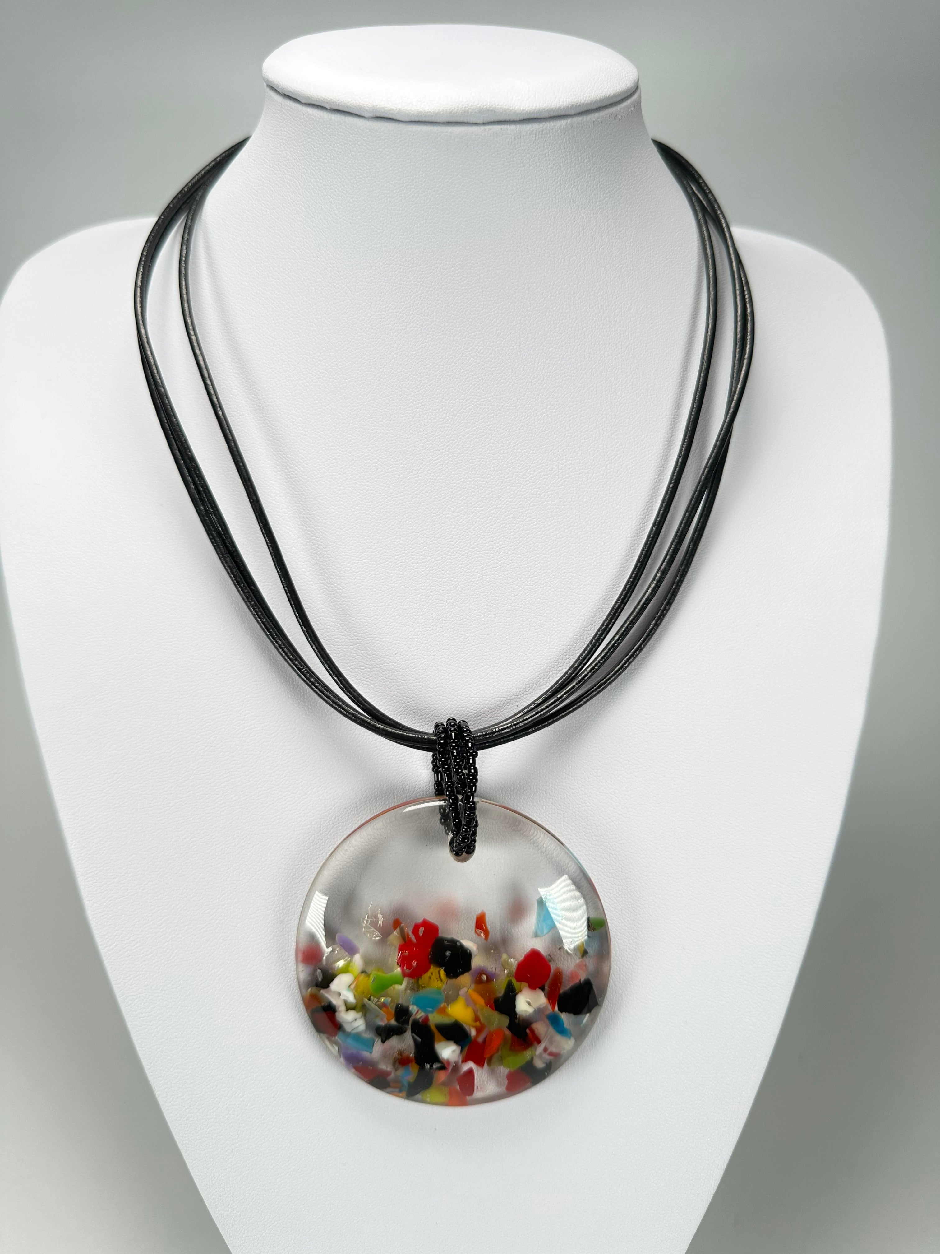 Jackie Brazil "Cascade" Large Disk On Three Cords Resin Necklace ( N3800 )