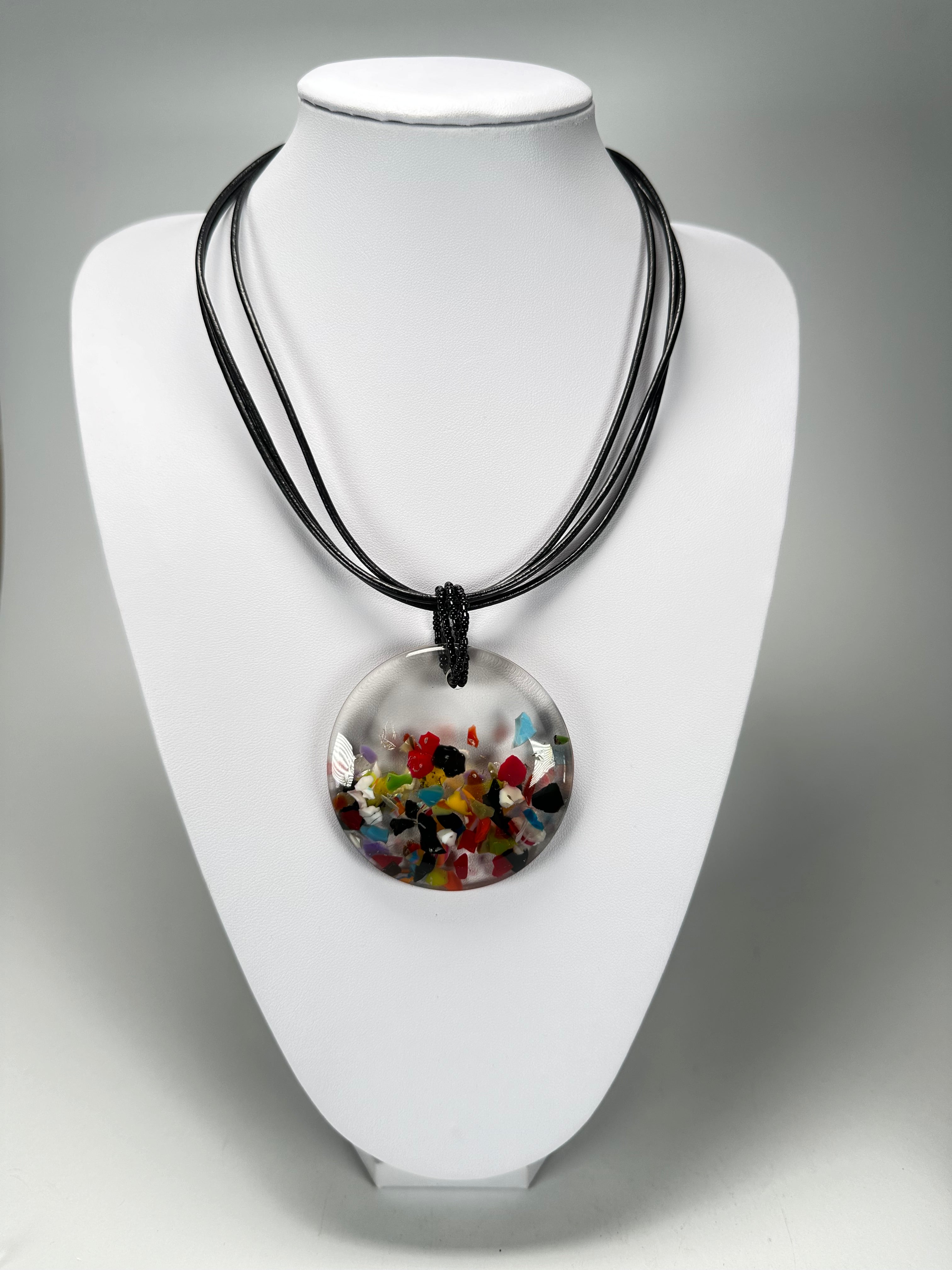 Jackie Brazil "Cascade" Large Disk On Three Cords Resin Necklace ( N3800 )