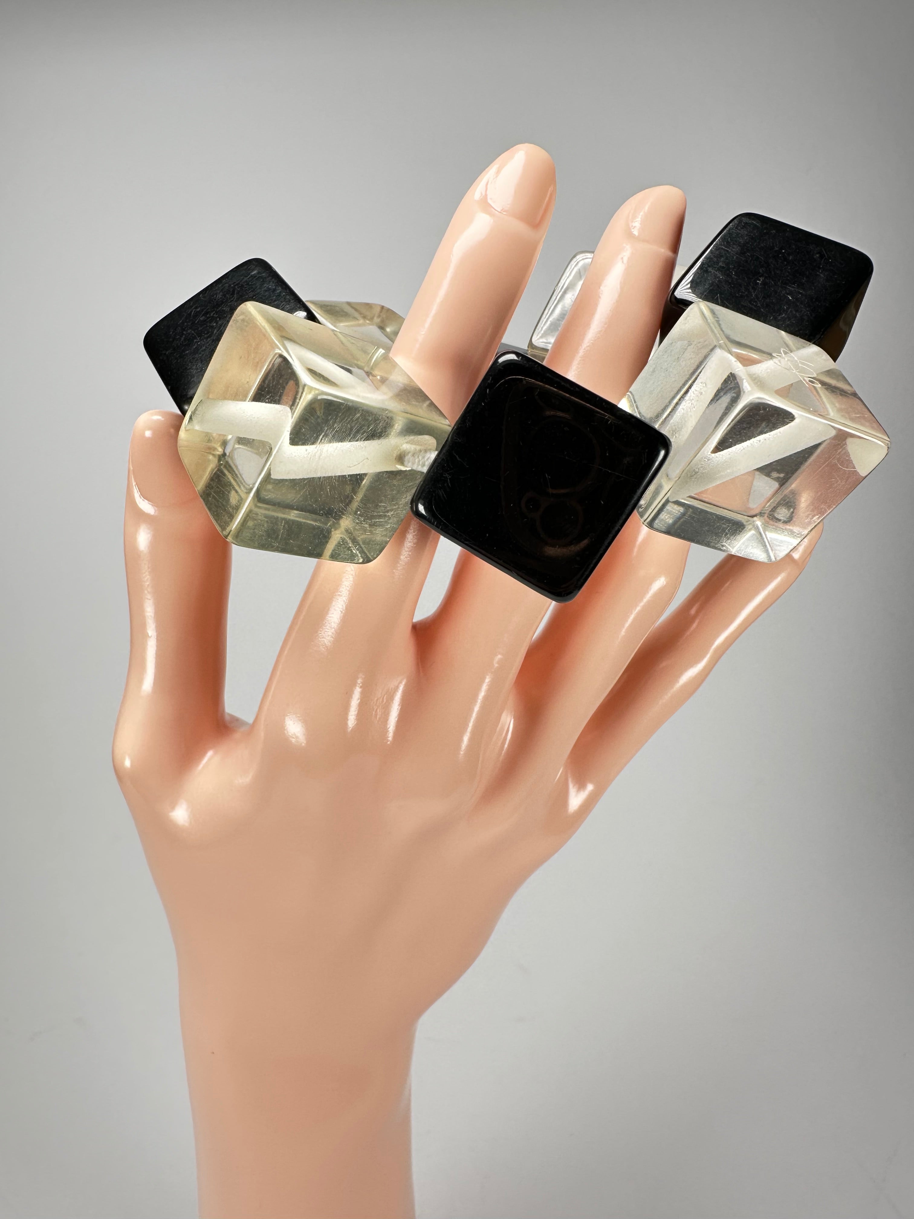 Jackie Brazil "Titan" Galactic Black & Clear Square Cubes On Elastic Resin Bracelet ( B2602 )