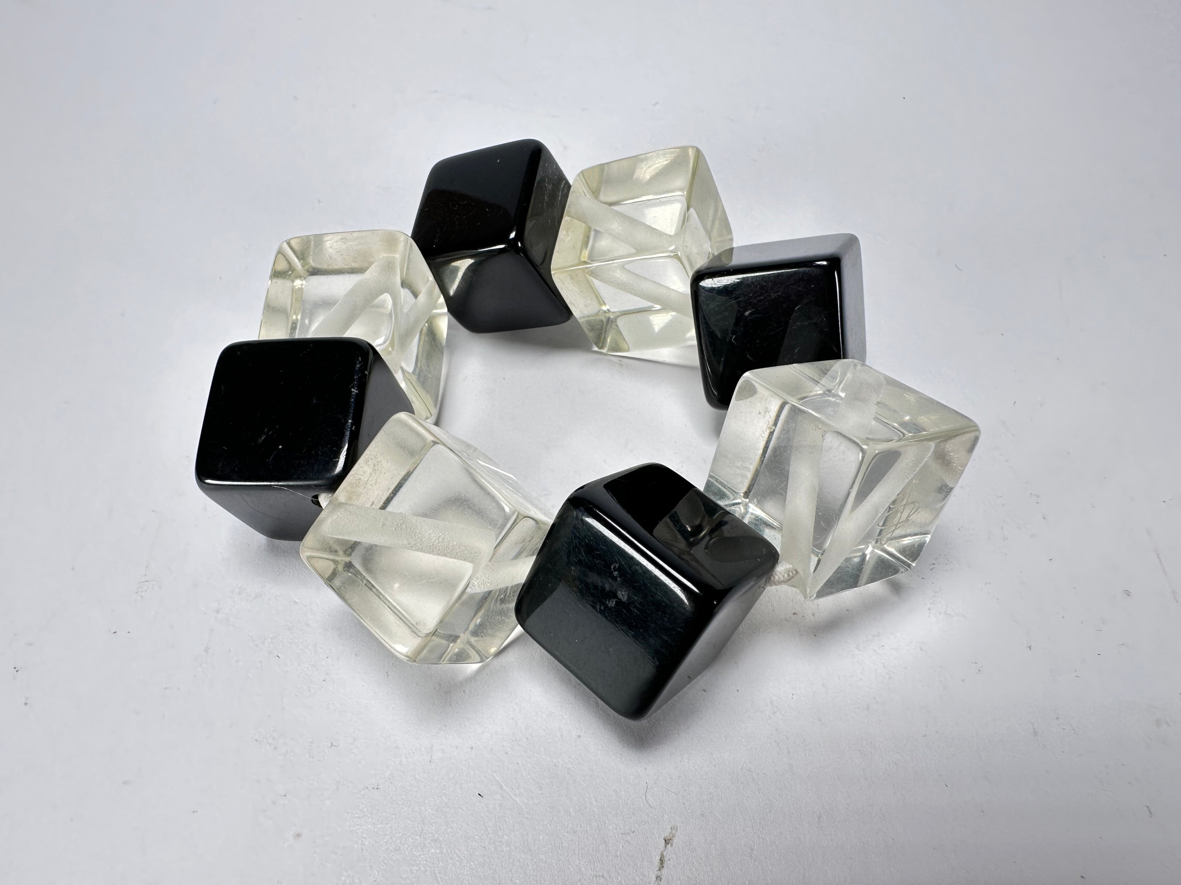 Jackie Brazil "Titan" Galactic Black & Clear Square Cubes On Elastic Resin Bracelet ( B2602 )