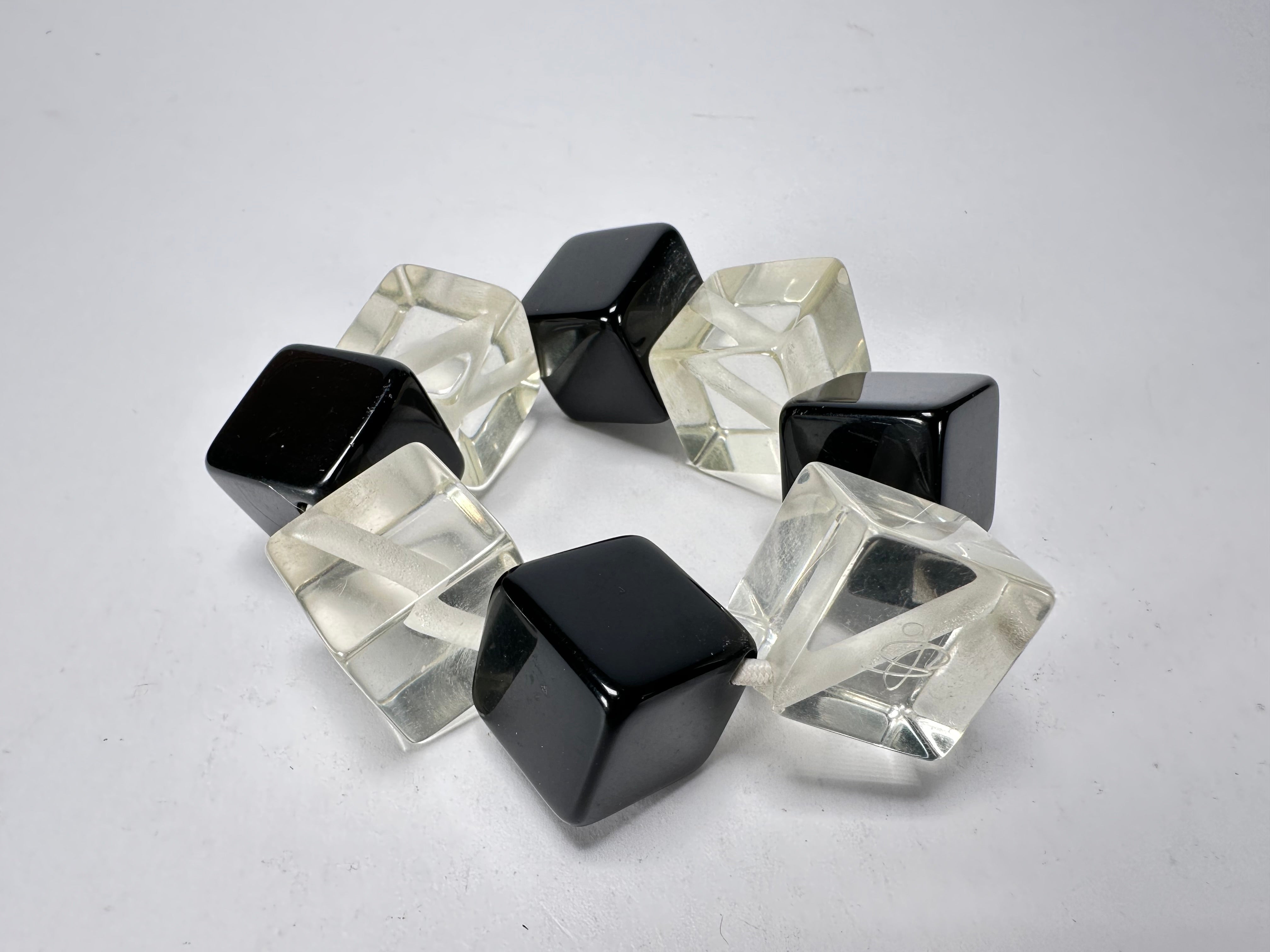 Jackie Brazil "Titan" Galactic Black & Clear Square Cubes On Elastic Resin Bracelet ( B2602 )