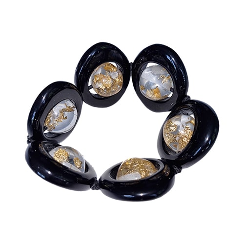 Jackie Brazil "Saturn" Black & Gold Flakes Disc & Ball Elastic Bracelet ( B0052 )