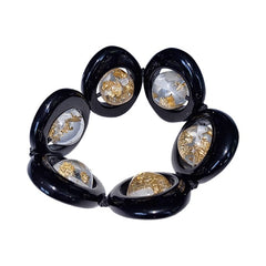 Jackie Brazil "Saturn" Black & Gold Flakes Disc & Ball Elastic Bracelet ( B0052 )
