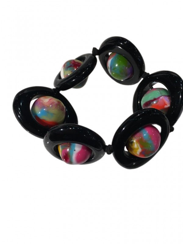 Jackie Brazil "Saturn" Black & Kandinsky Disc & Ball Elastic Bracelet ( B0052 )