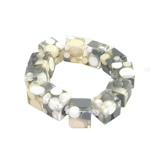 Jackie Brazil "Spots" Spotted Cubes On Elastic Cream Mix Resin Bracelet ( B1284 )