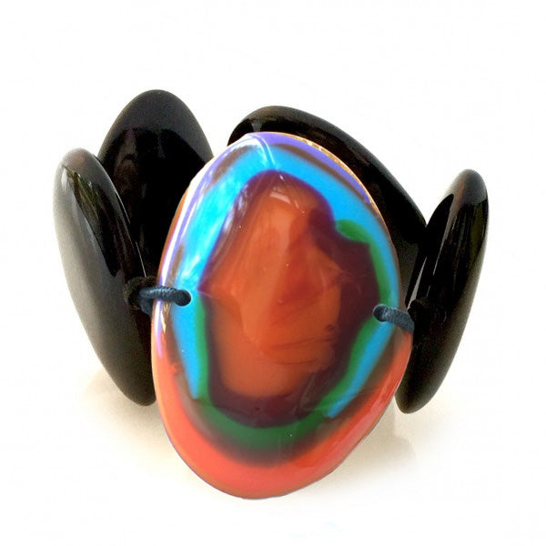 Jackie Brazil "Riverstones" Black Matt & Kandinsky Stone Large Flat Stones On Elastic Bracelet ( B3716 )