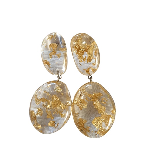 Jackie Brazil "Gold Flakes" Medium Riverstone Double Pendant Resin Earrings ( E3900 )