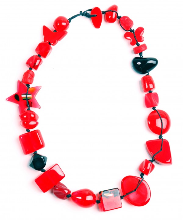 Jackie Brazil "Indiana" Red Mix Multi-Bead Medium Resin 70cm Necklace ( N0033 )